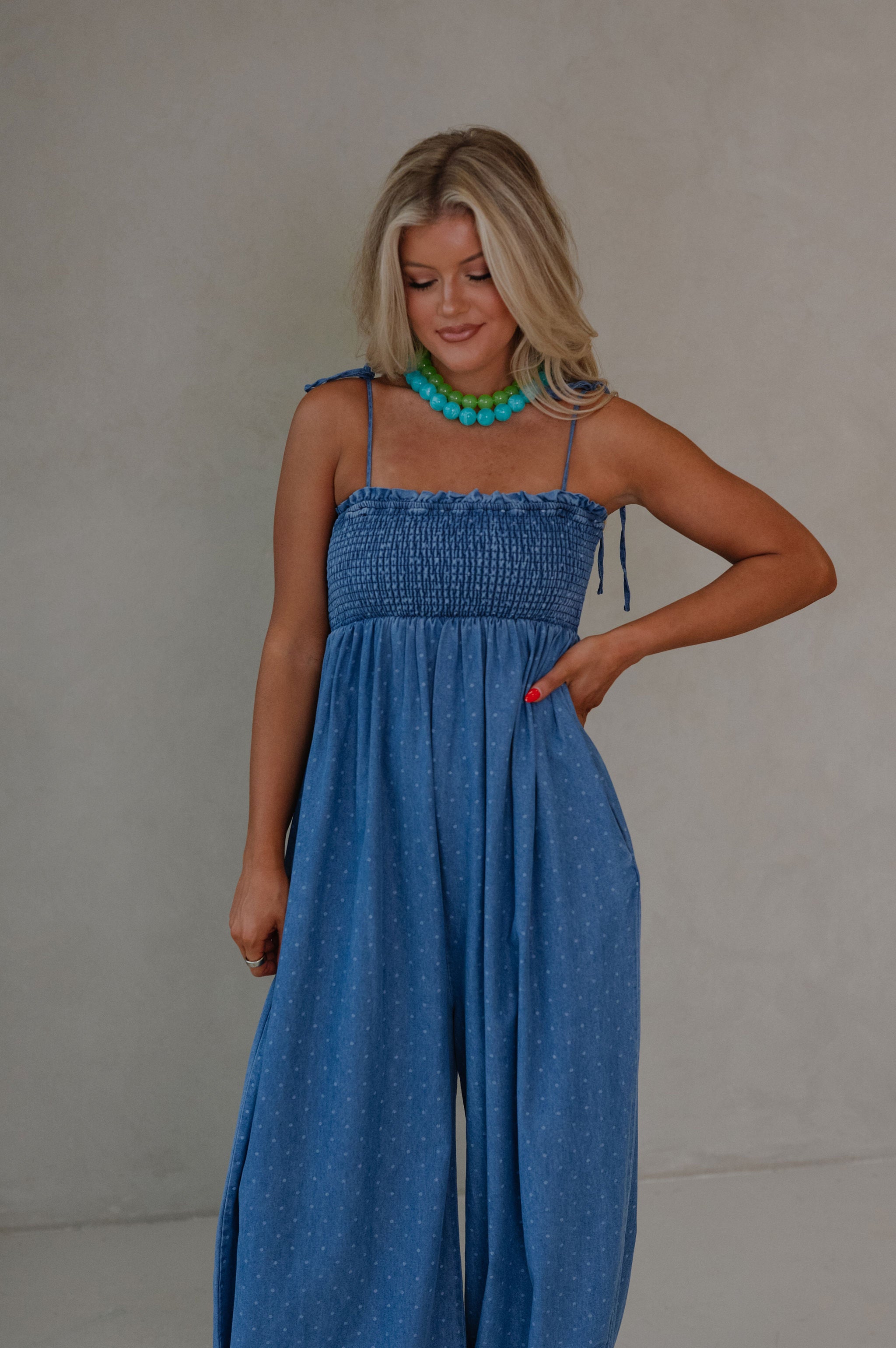 Polka Dot Smocked Jumpsuit-Denim