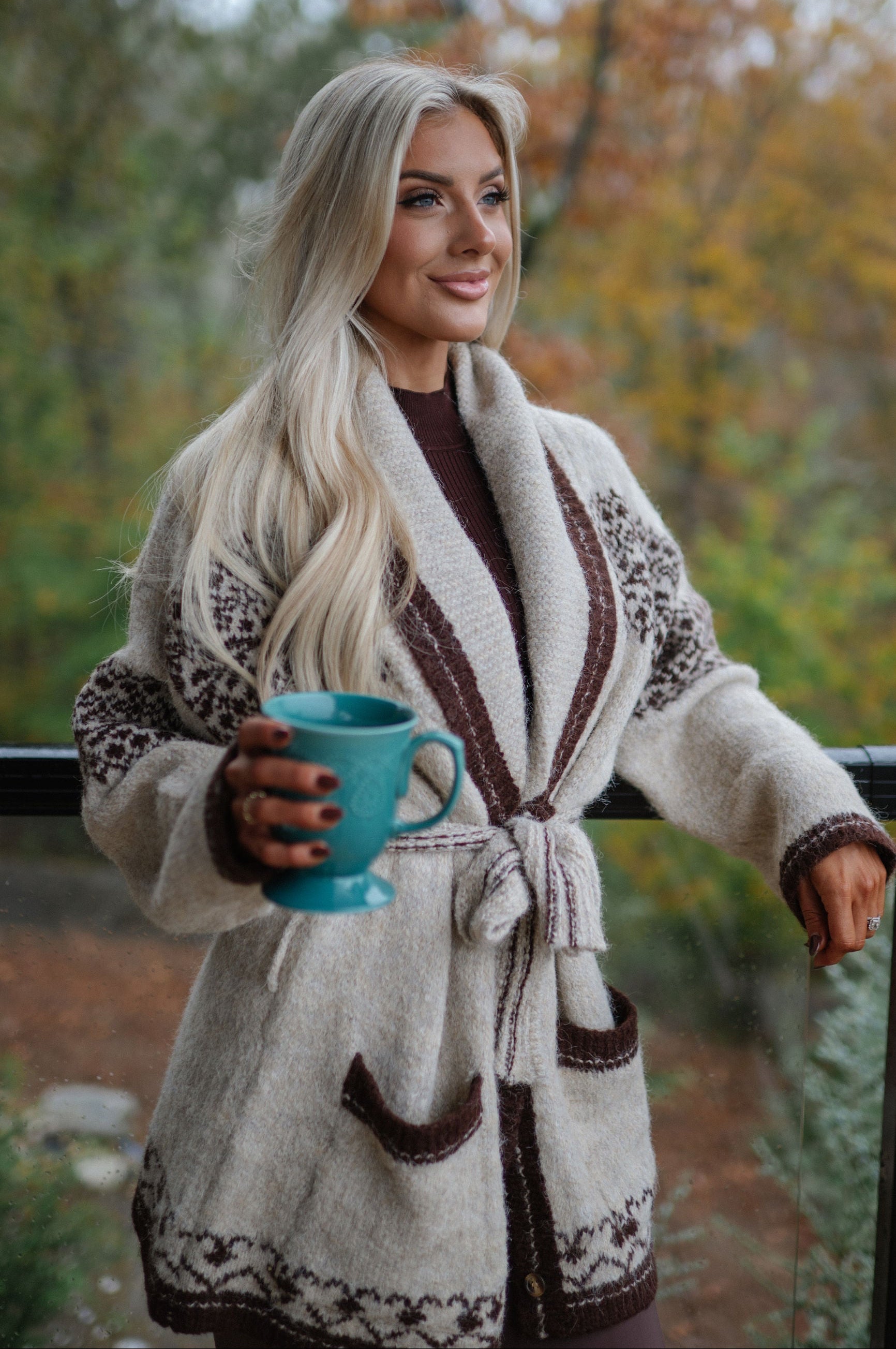 Fuzzy Knit Belted Cardigan-Mocha Multi