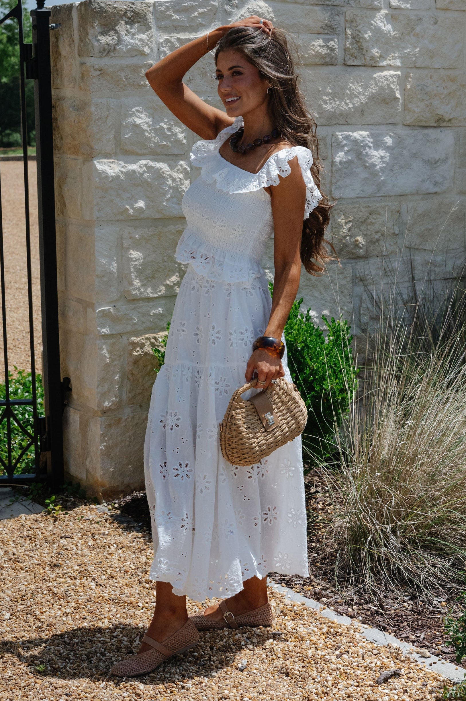 Floral Eyelet Scallop Edge Detail Set-White