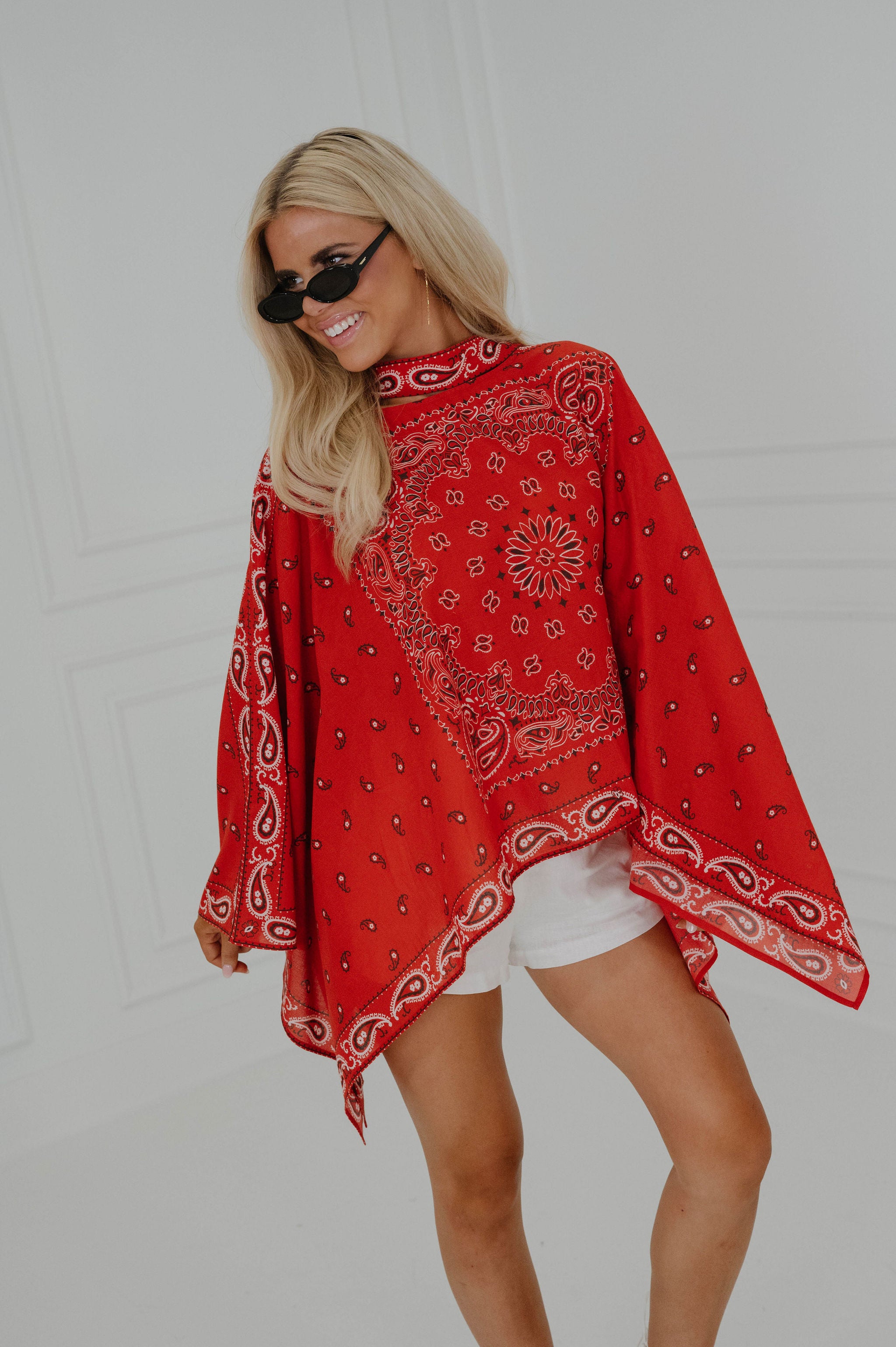 Bandana Print Poncho-Burnt Red