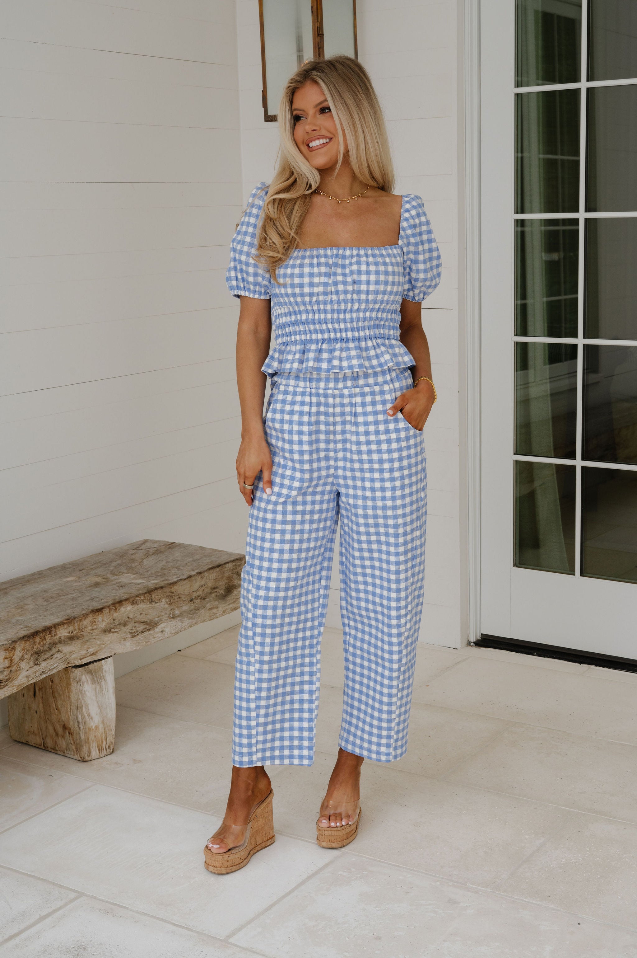 Anika Gingham Ruffle Top-Blue/White