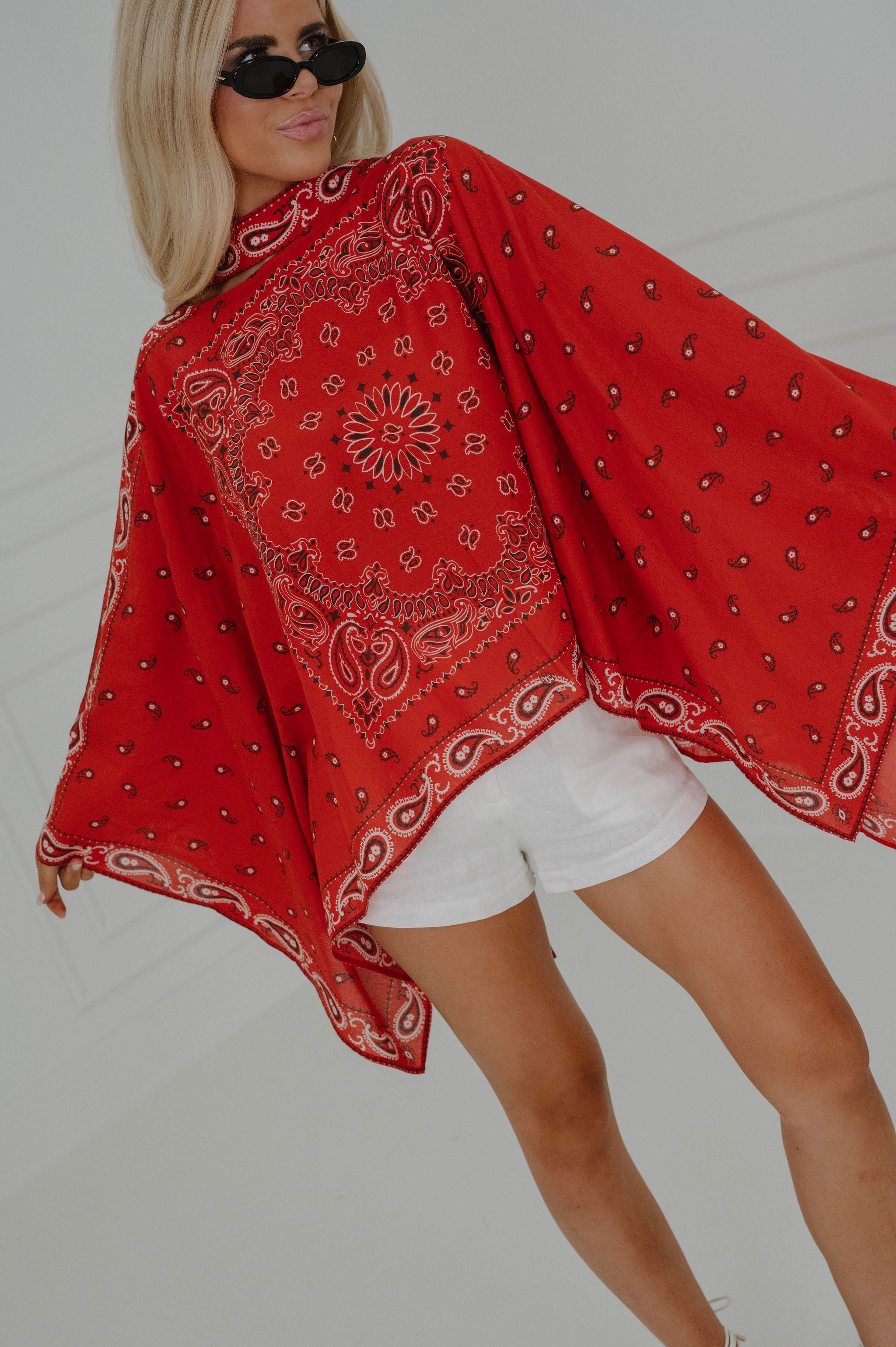 Bandana Print Poncho-Burnt Red