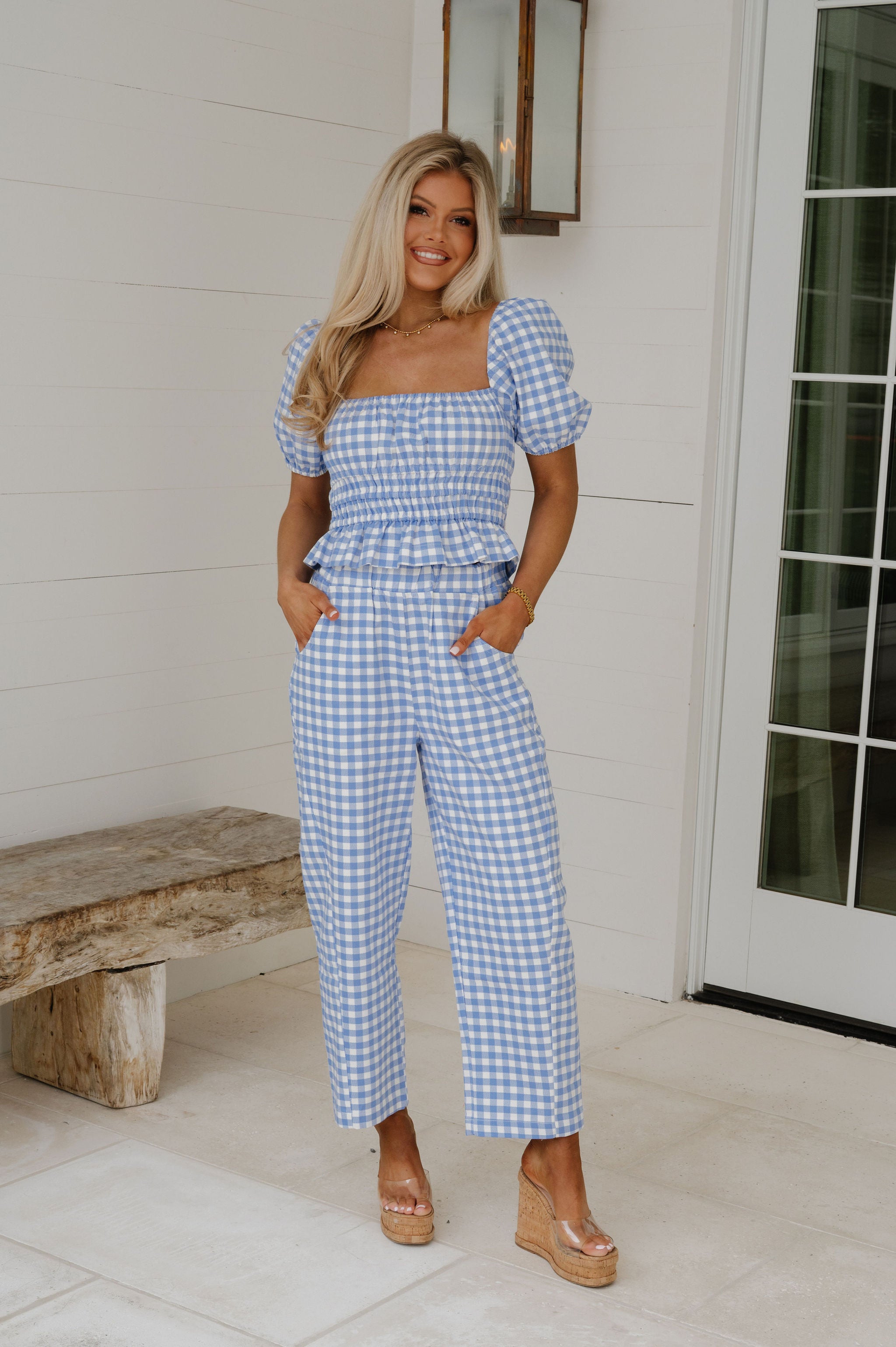 Anika Gingham Ruffle Top-Blue/White