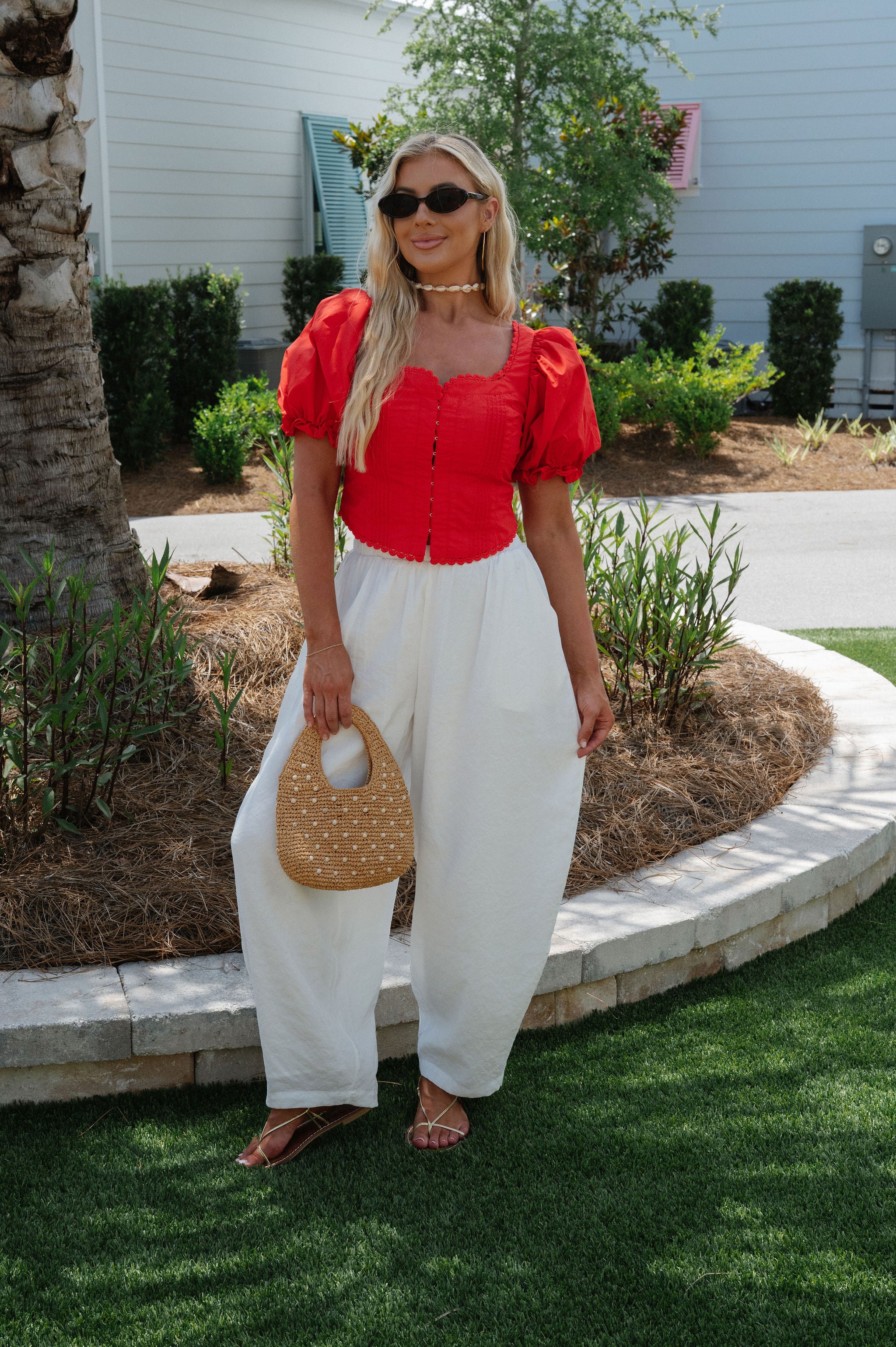 Clara Scalloped Lace Trim Top-Red