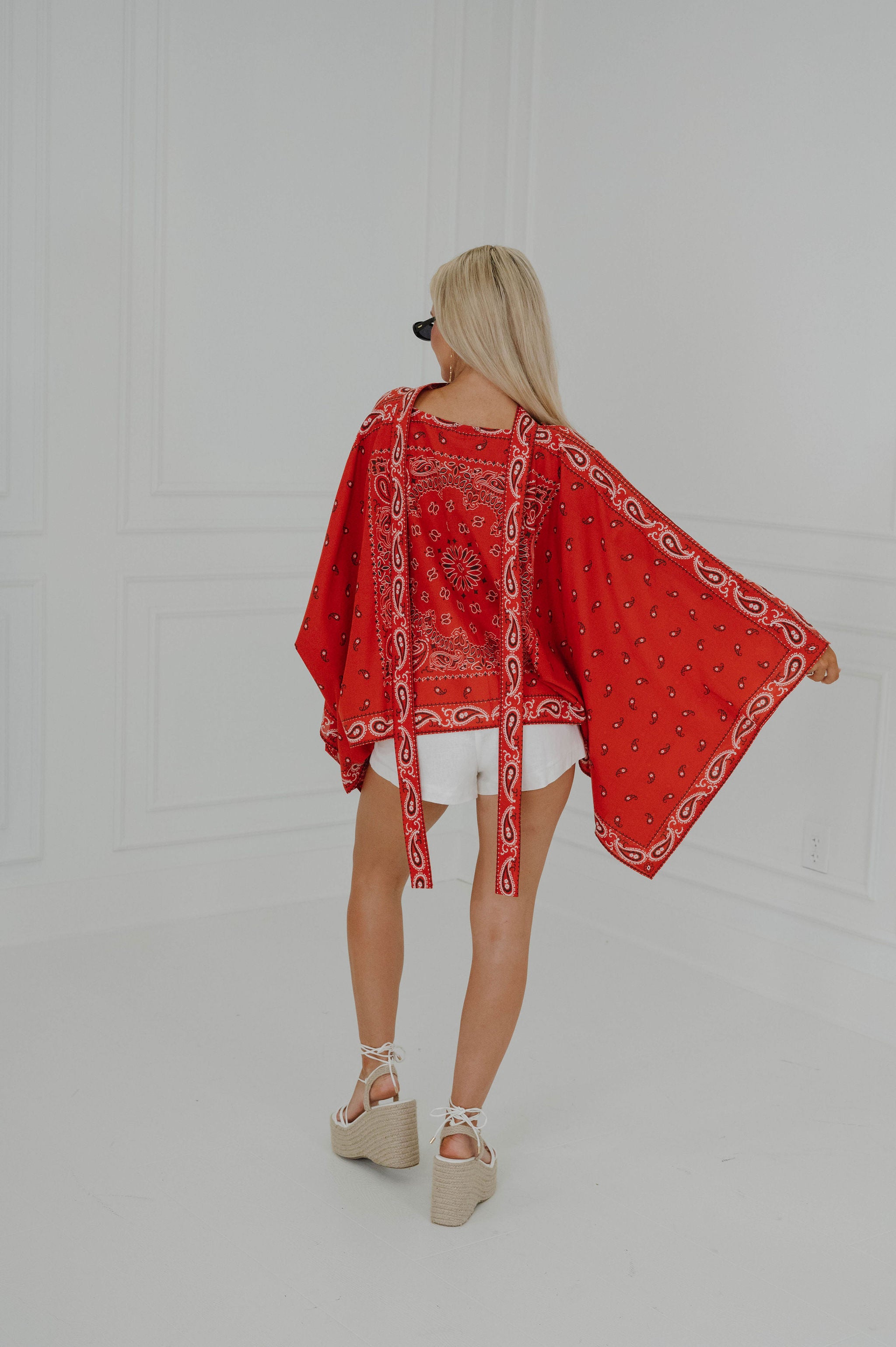 Bandana Print Poncho-Burnt Red