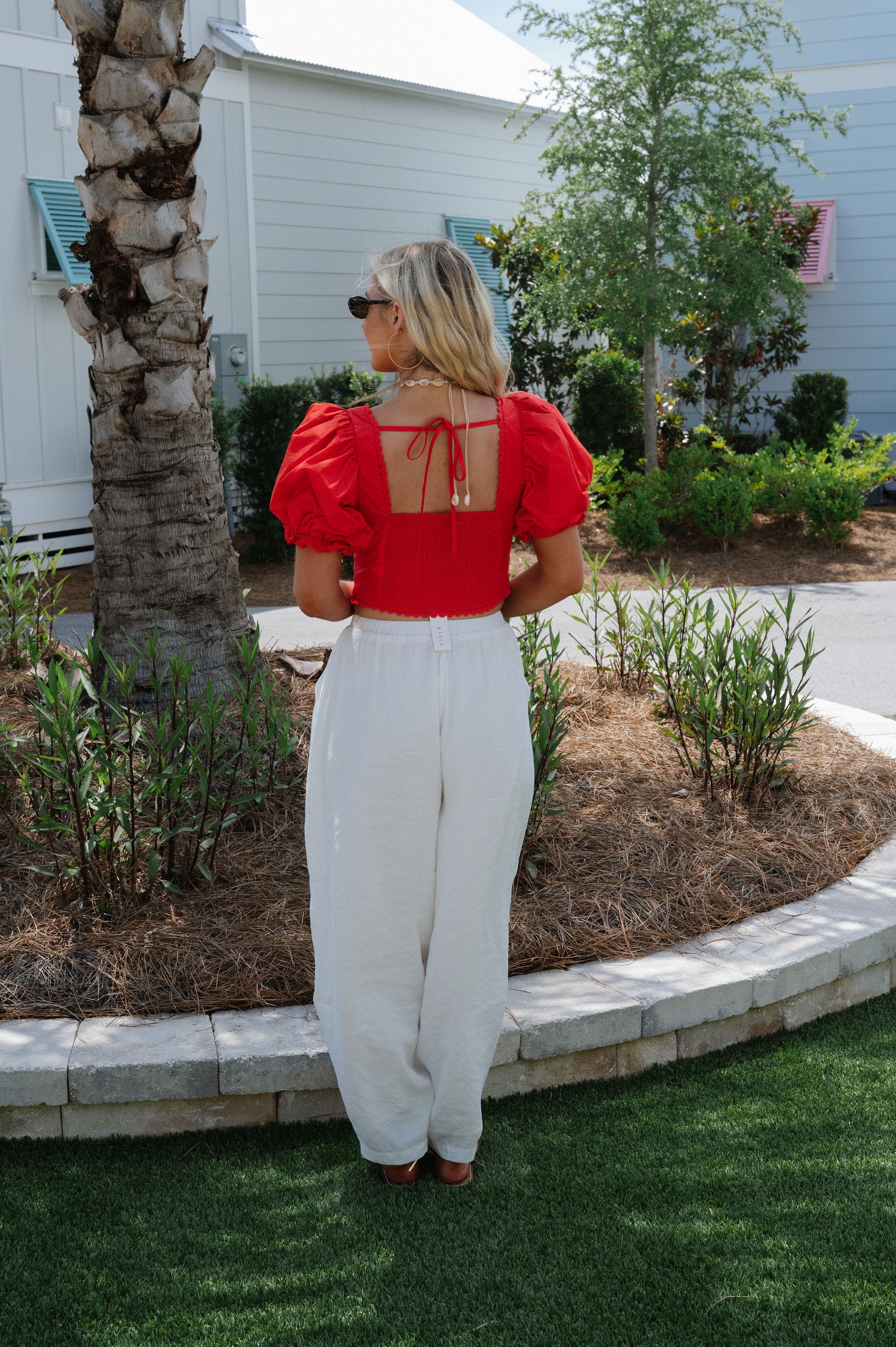 Clara Scalloped Lace Trim Top-Red