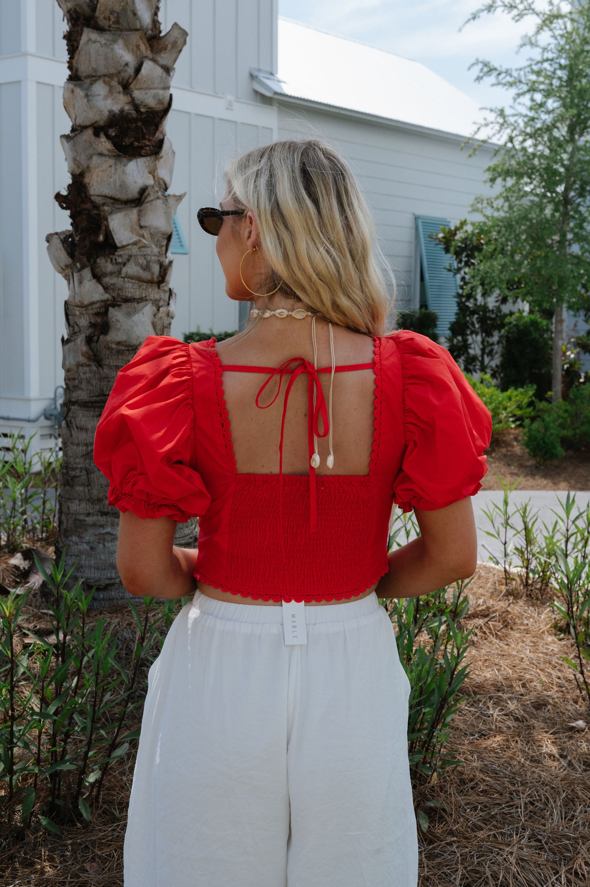 Clara Scalloped Lace Trim Top-Red