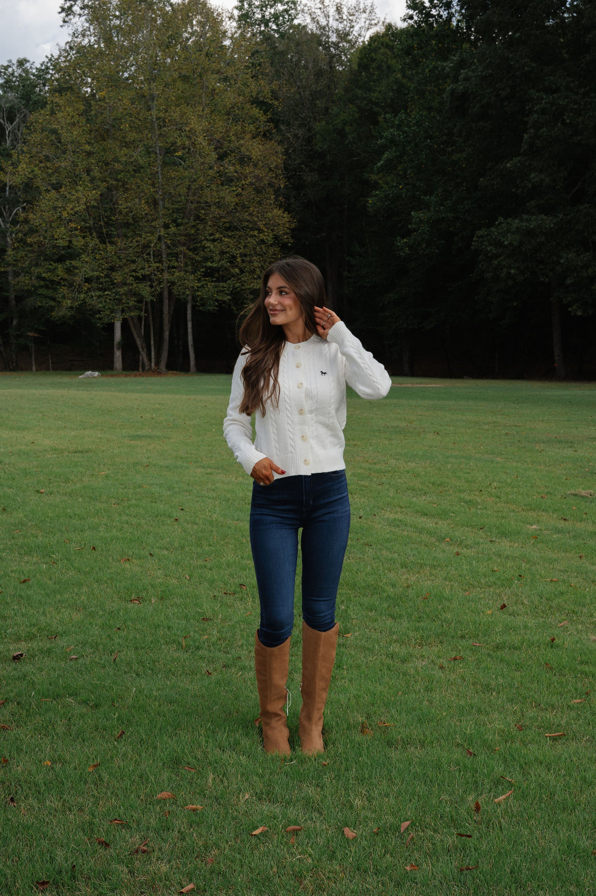 Horse Embroidery Cable Knit Cardigan-Cream