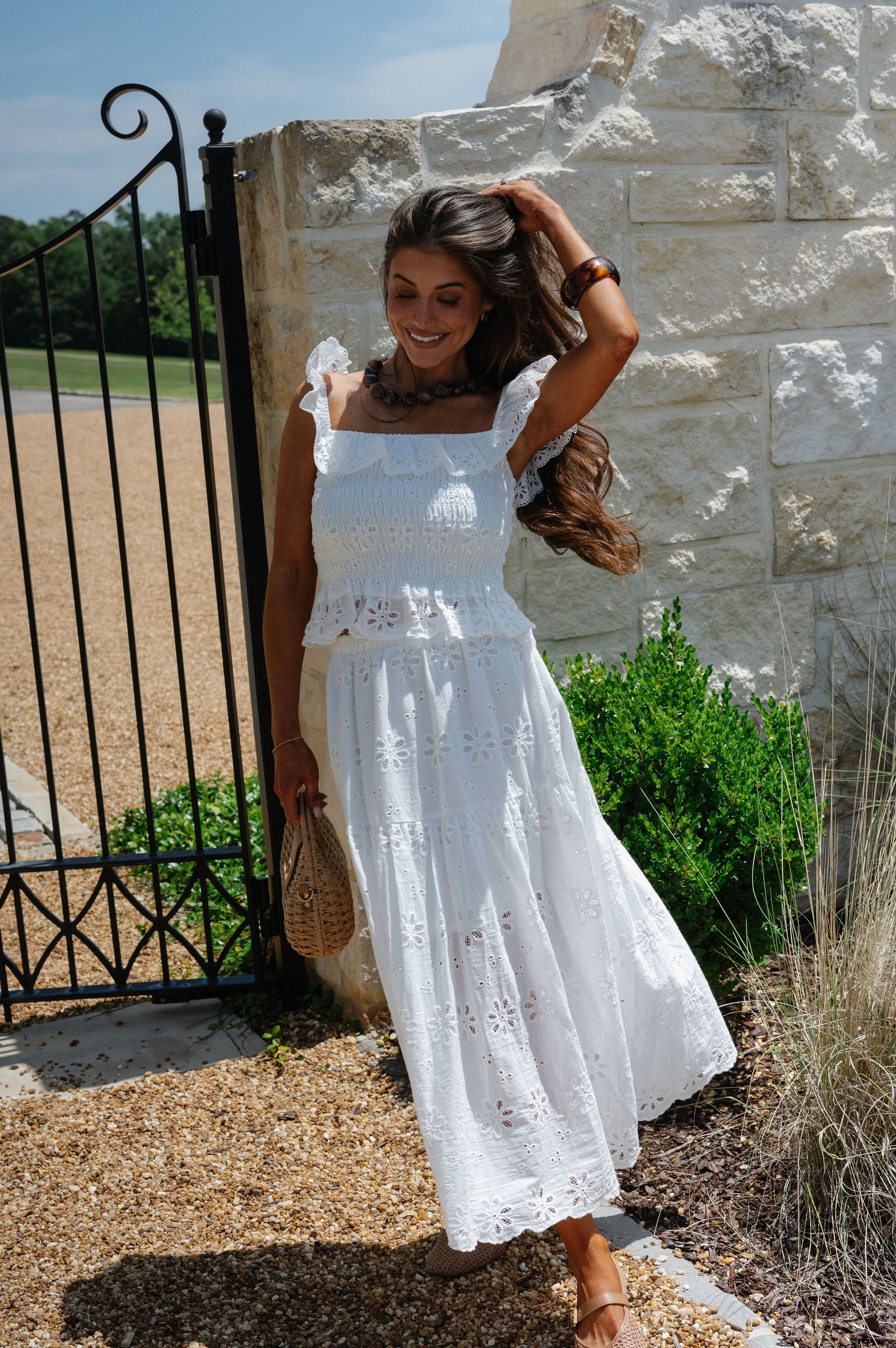 Floral Eyelet Scallop Edge Detail Set-White
