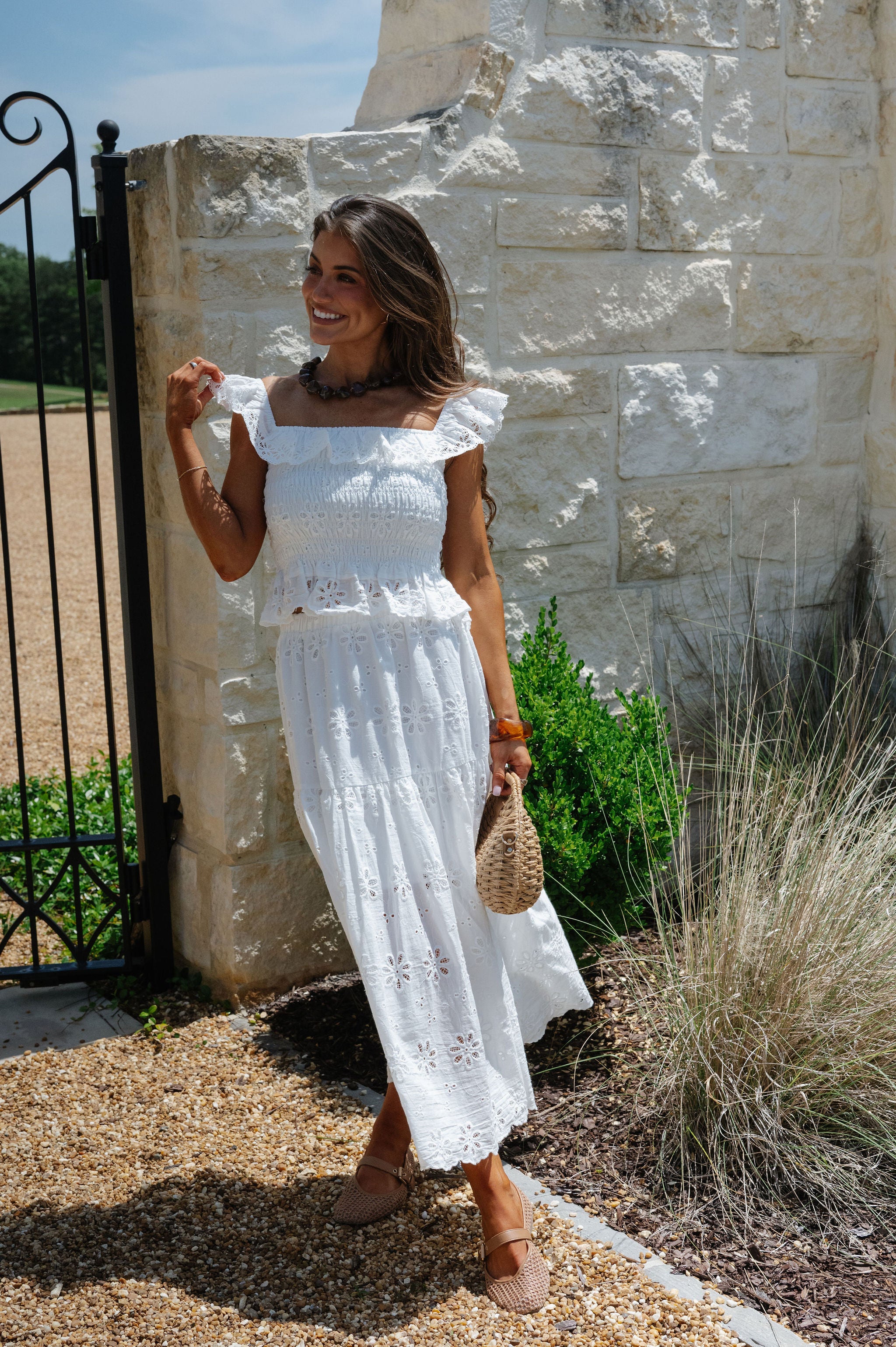 Floral Eyelet Scallop Edge Detail Set-White