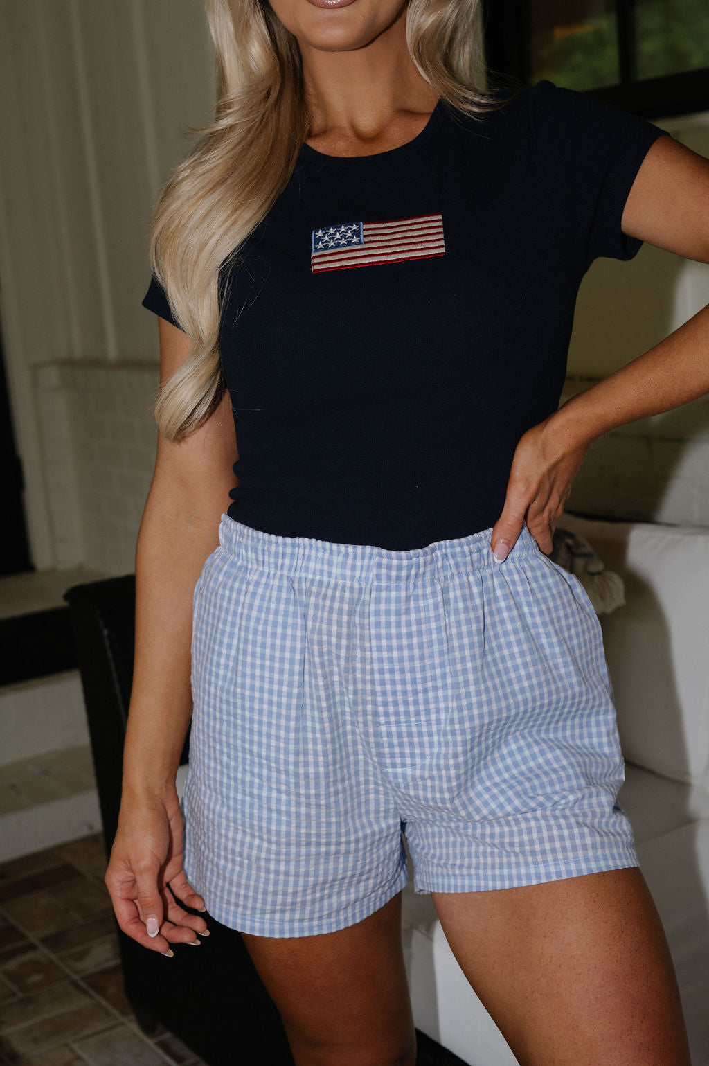 American Flag Baby Tee-Navy
