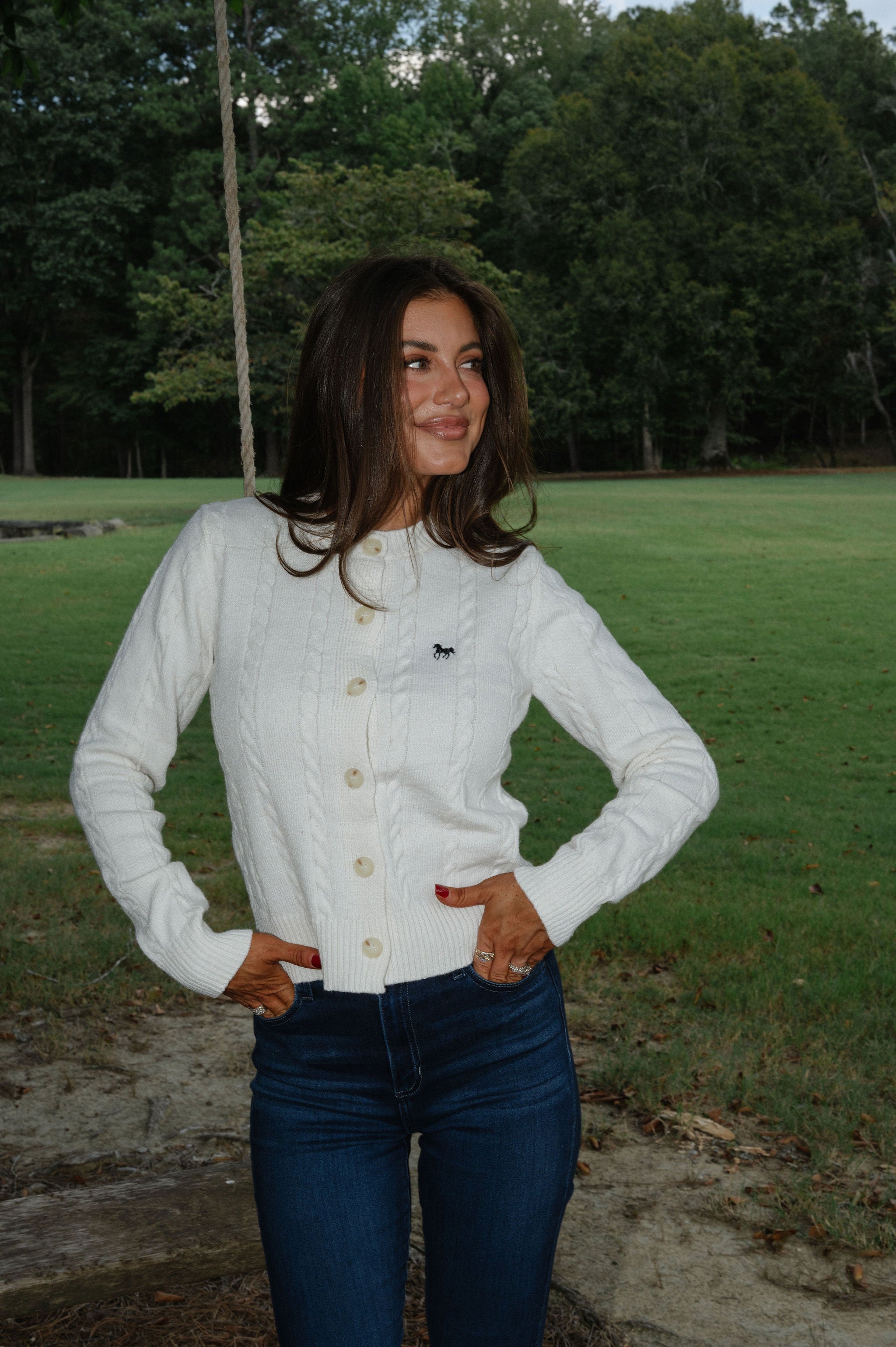 Horse Embroidery Cable Knit Cardigan-Cream