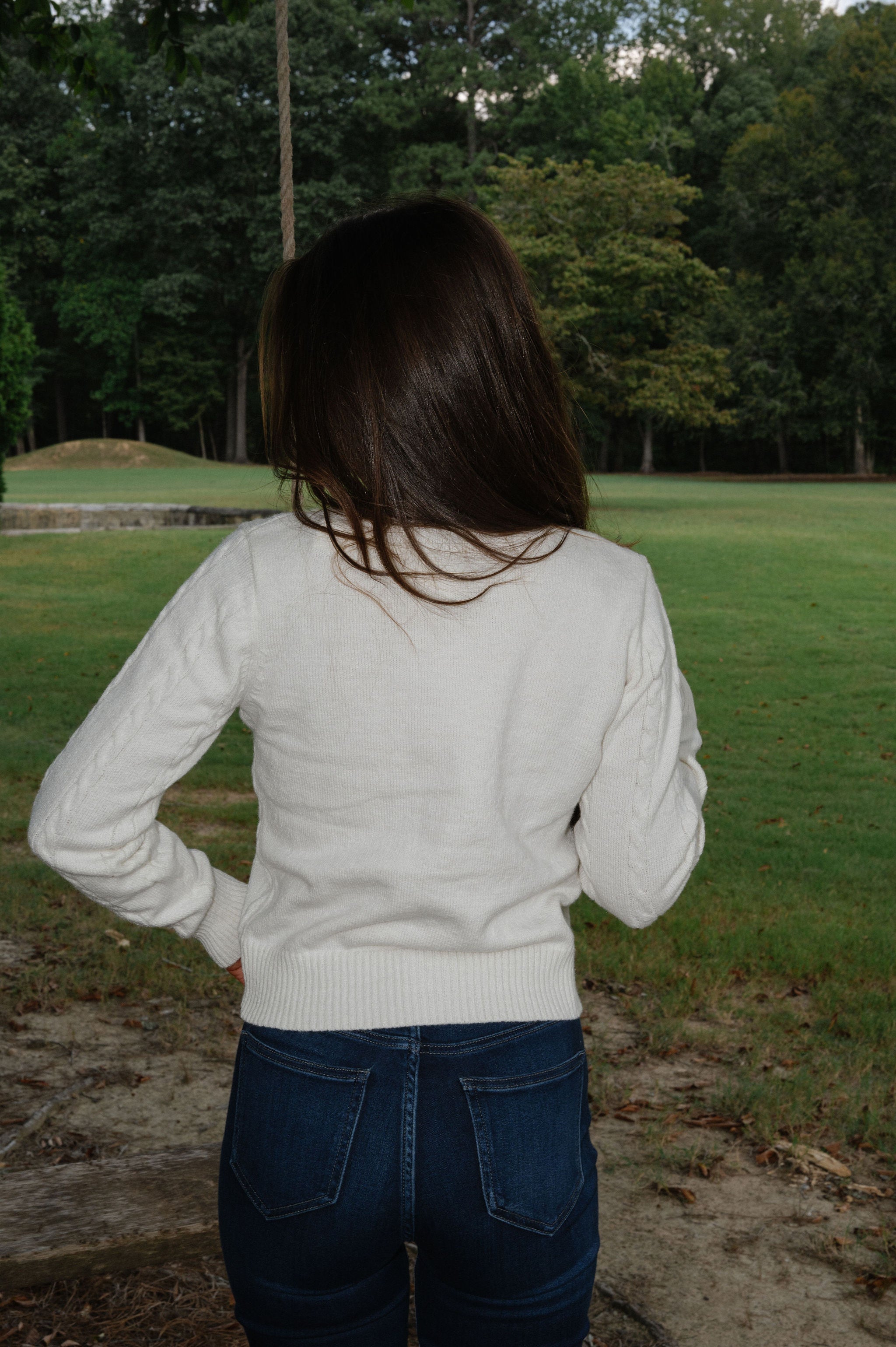 Horse Embroidery Cable Knit Cardigan-Cream