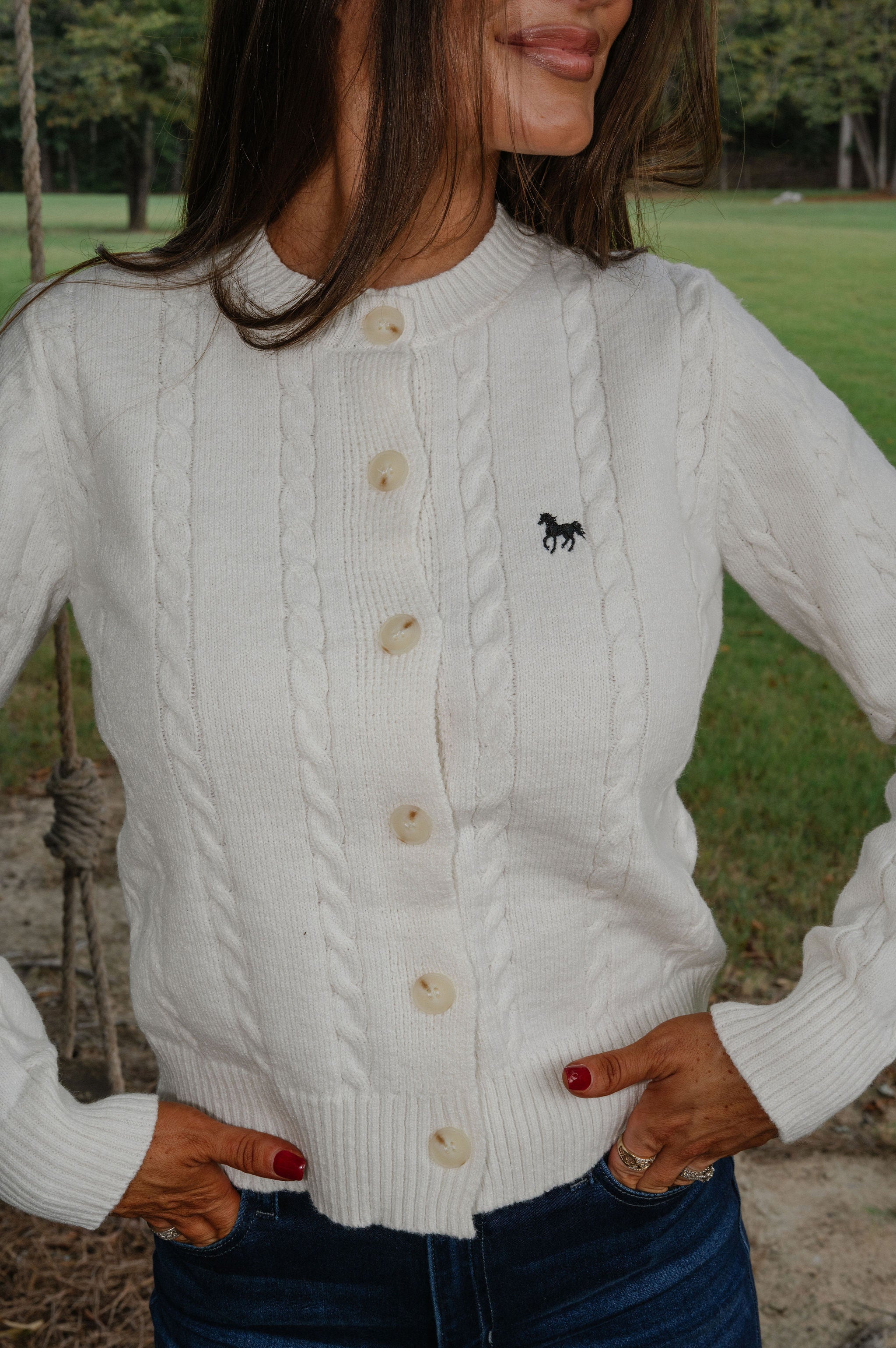 Horse Embroidery Cable Knit Cardigan-Cream