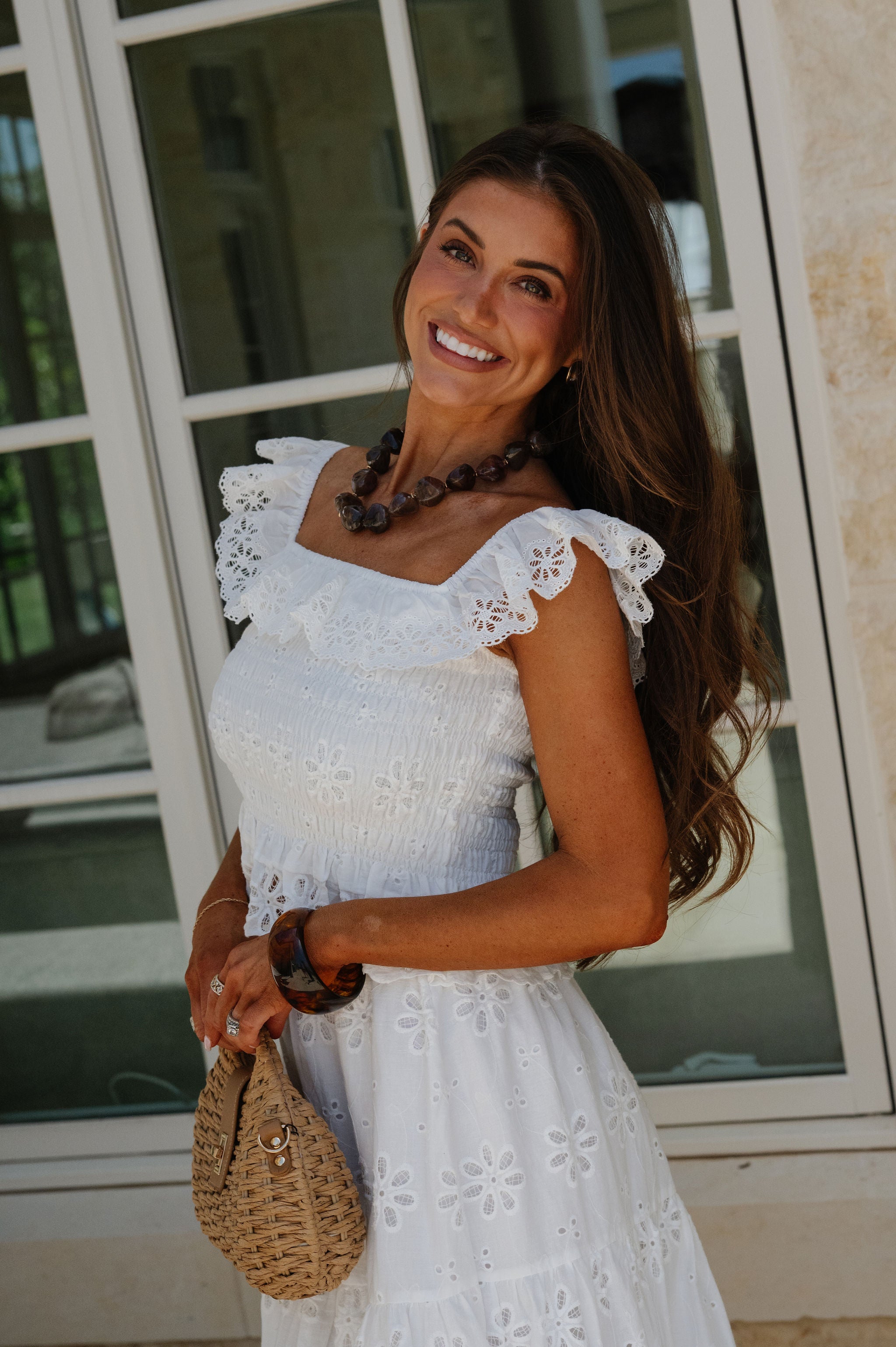 Floral Eyelet Scallop Edge Detail Set-White