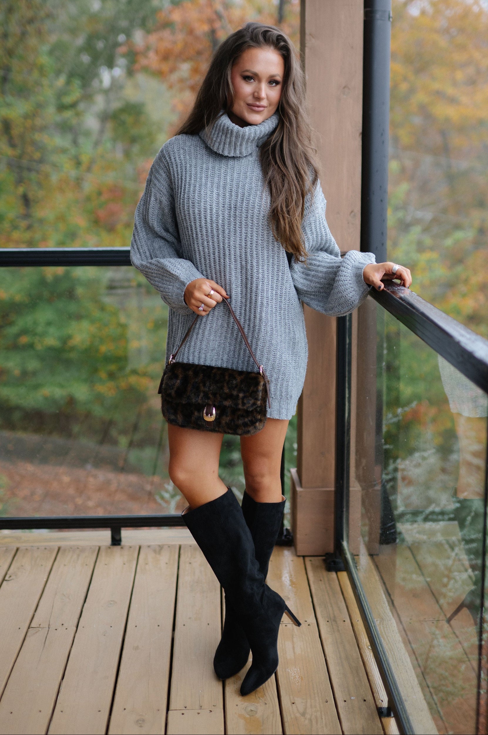 Rib Knit Turtle Neck Oversized Sweater-Grey