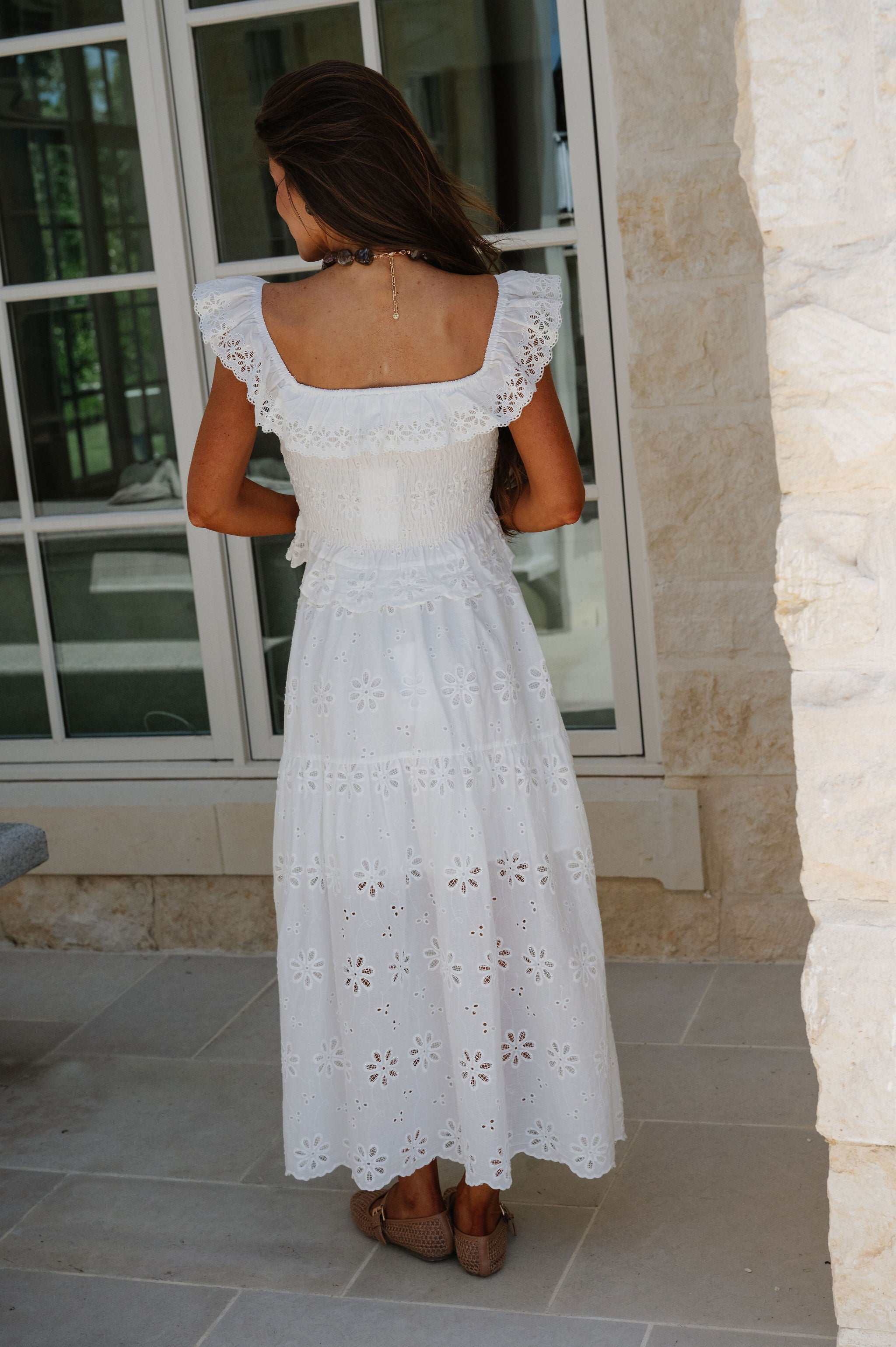 Floral Eyelet Scallop Edge Detail Set-White