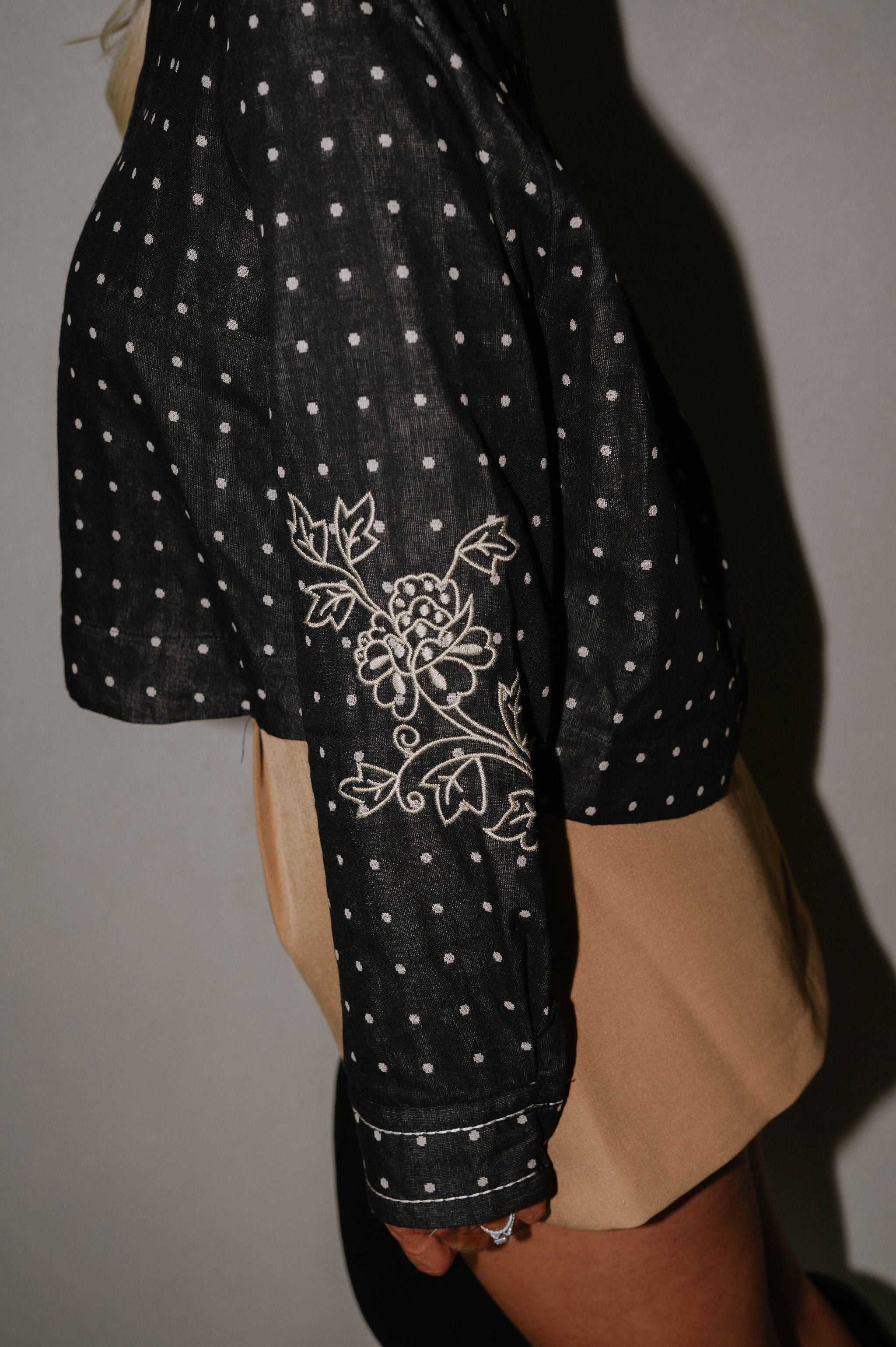 Polka Dot Floral Embroidery Button Up Top-Black