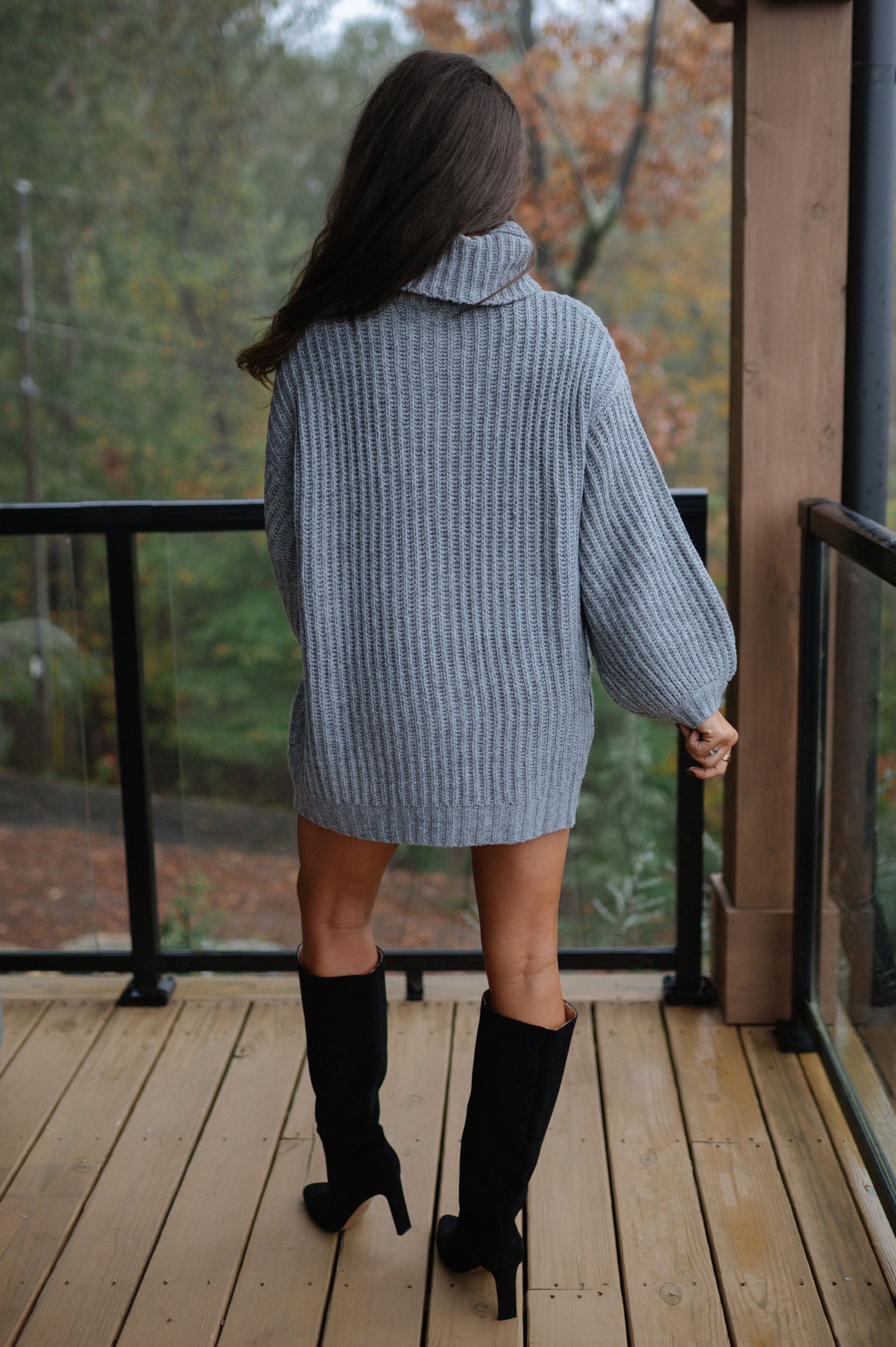Rib Knit Turtle Neck Oversized Sweater-Grey