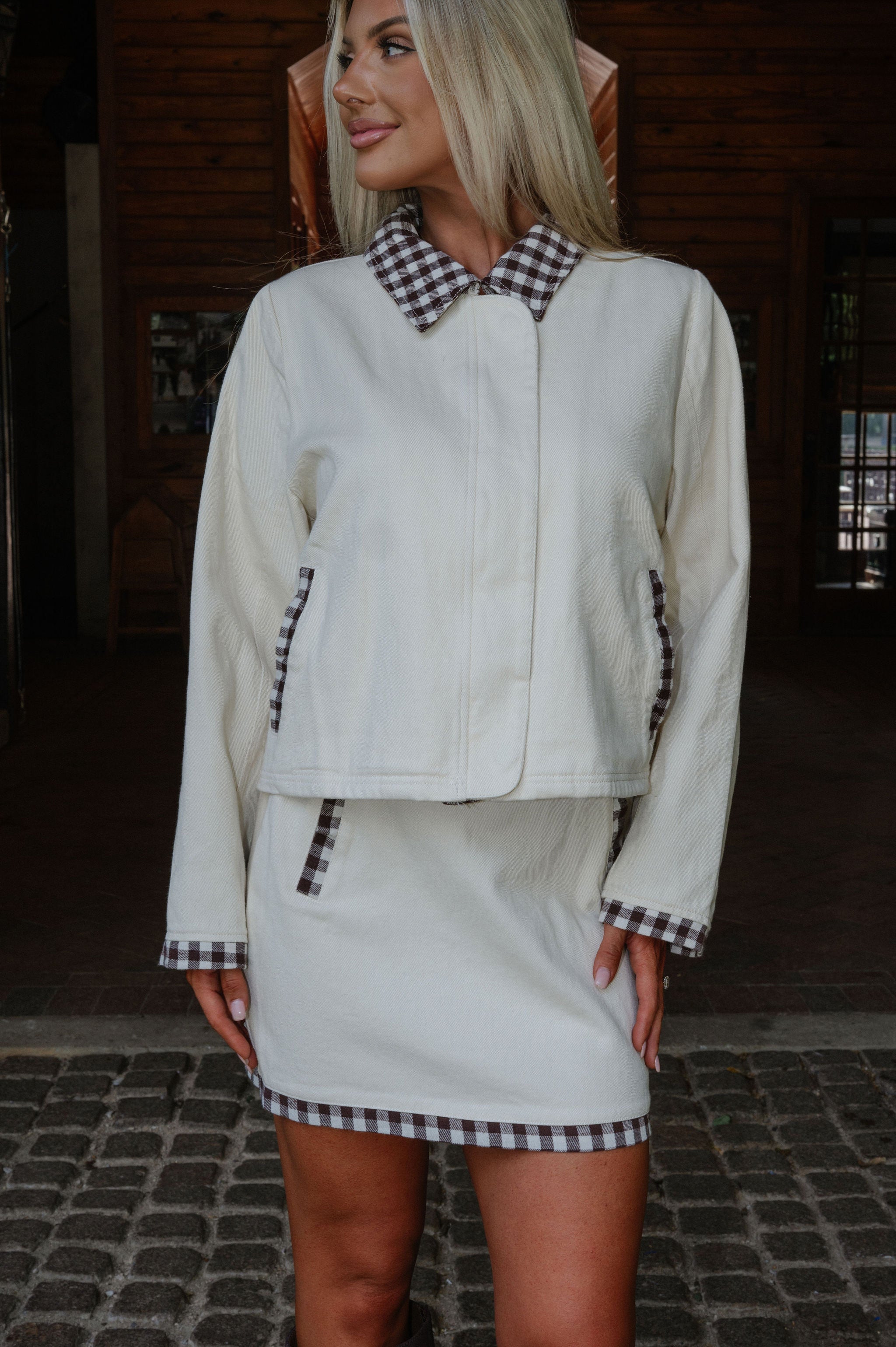 Contrast Gingham Skirt Set-Off White