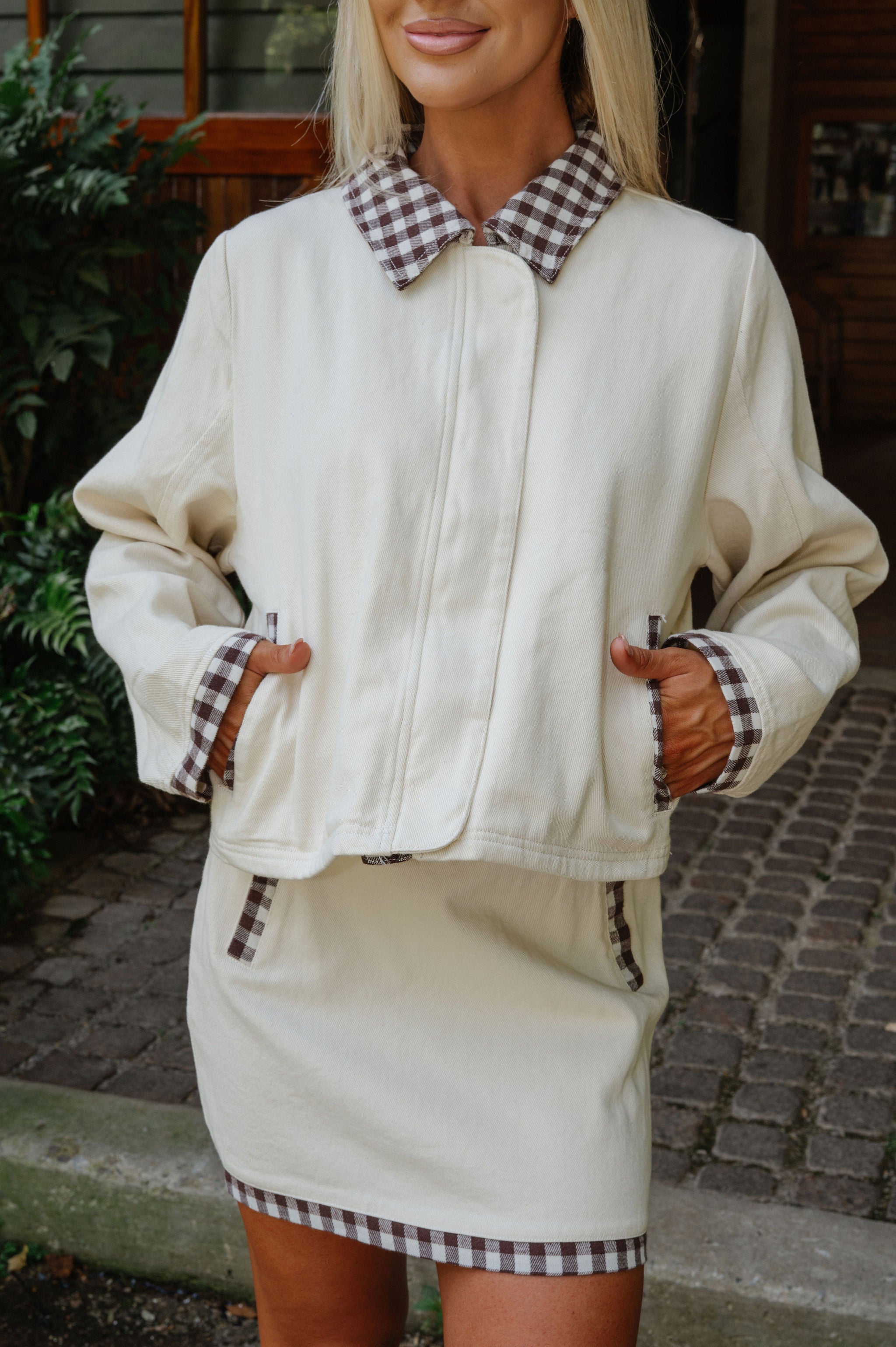 Contrast Gingham Skirt Set-Off White