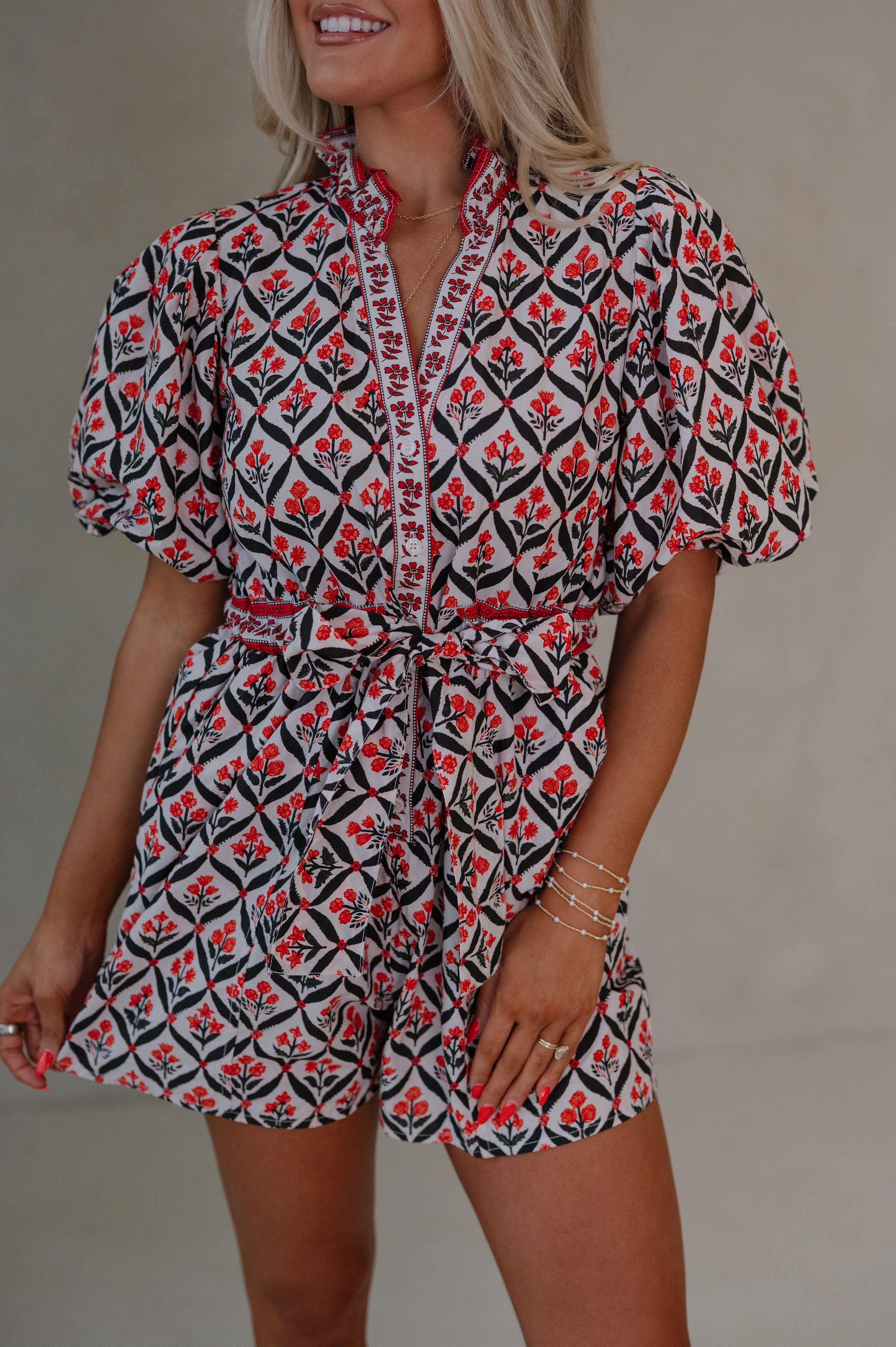 Ruffle Puff Sleeve Romper-Red