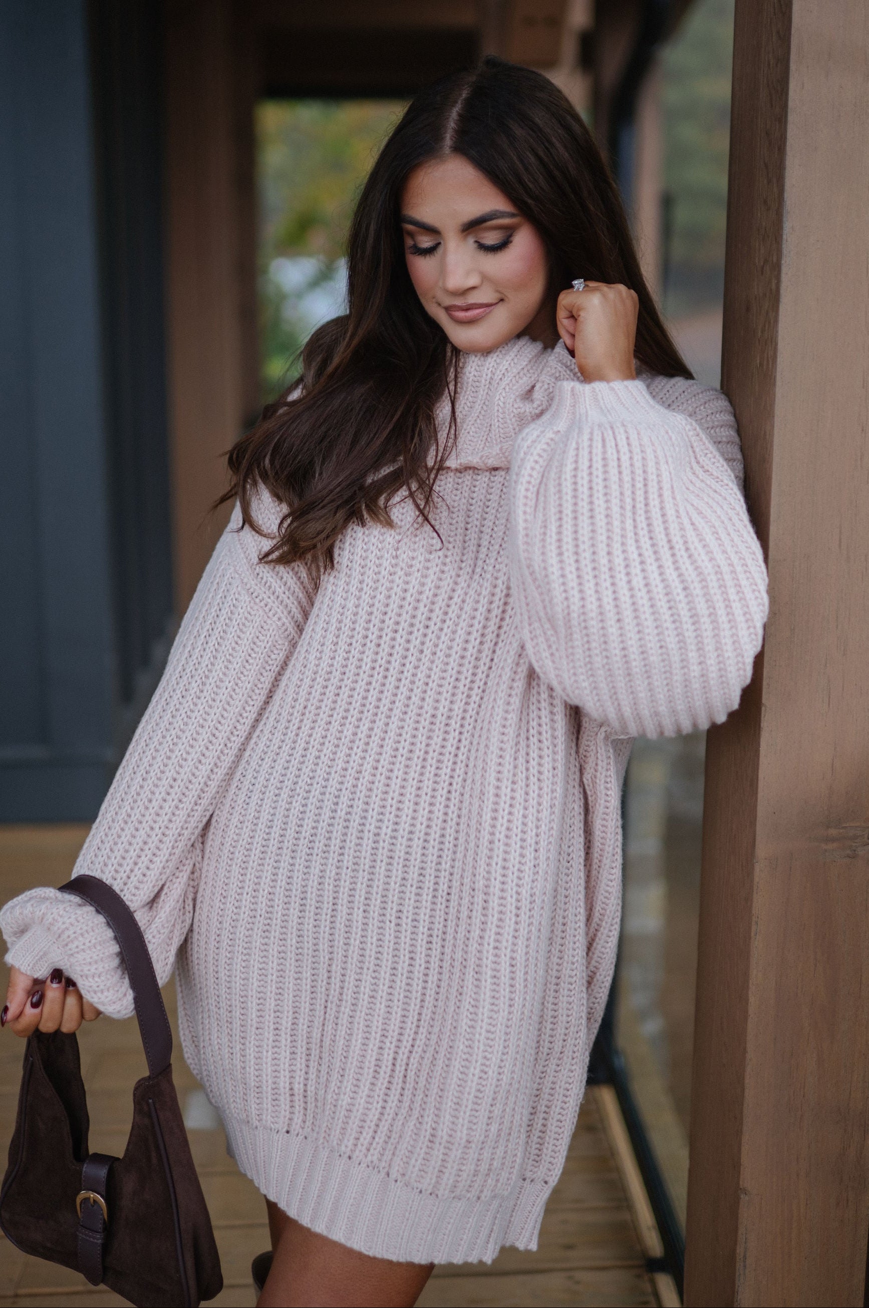 Rib Knit Turtle Neck Oversized Sweater-Cream