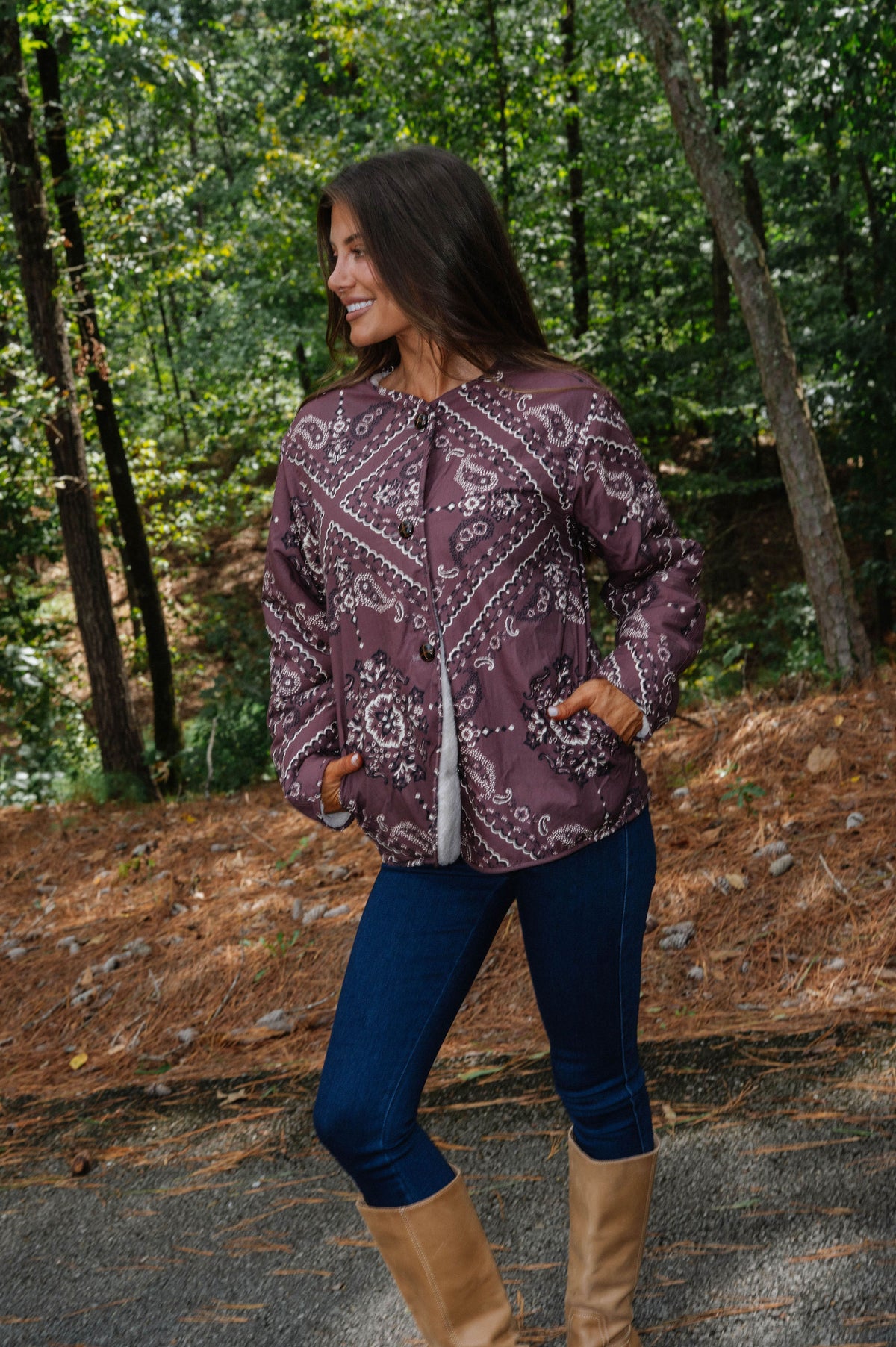 Reversible Sherpa Paisley Jacket-Natural/Brown
