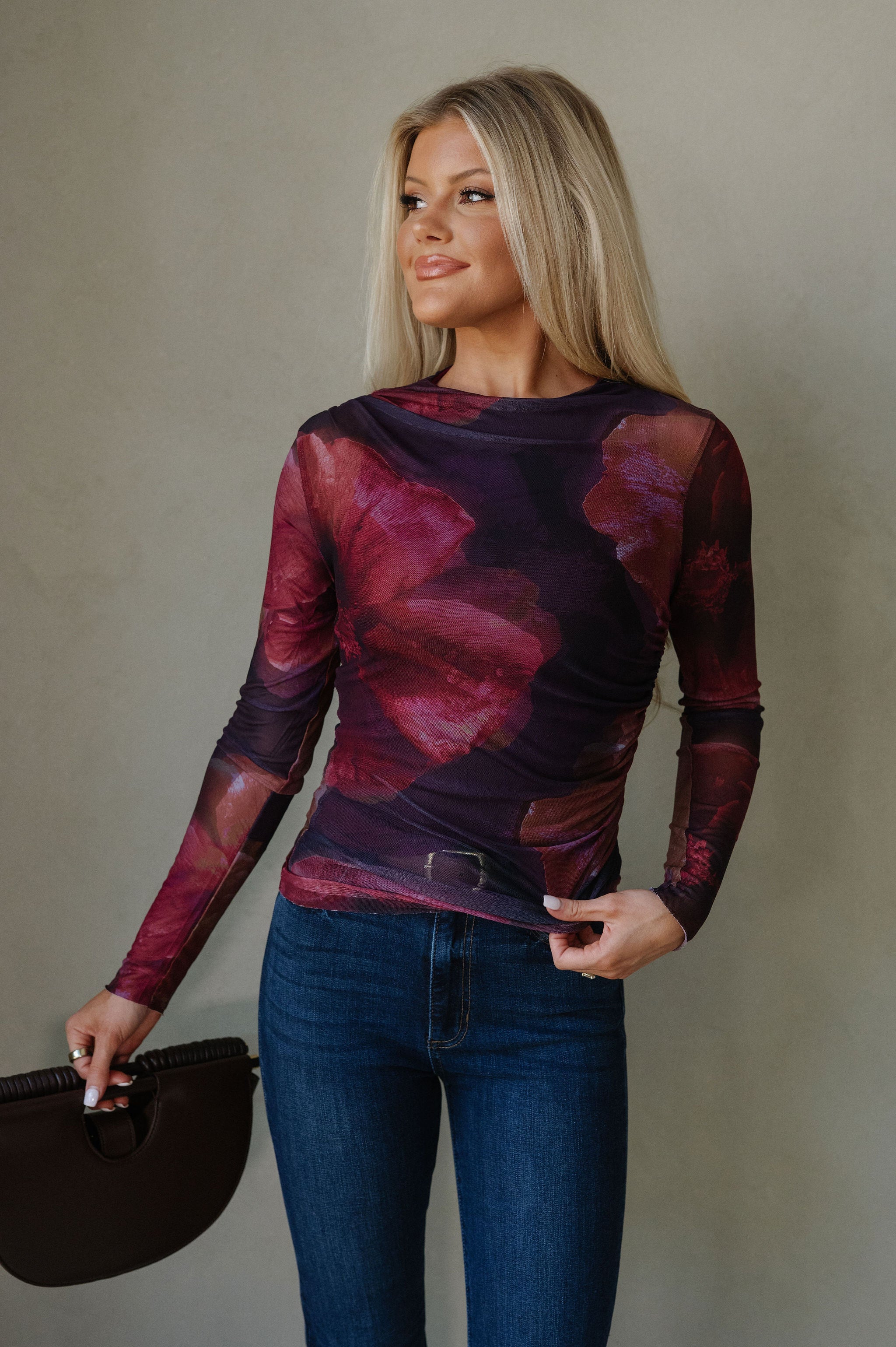 Kayla Mesh Top-Wine Multi