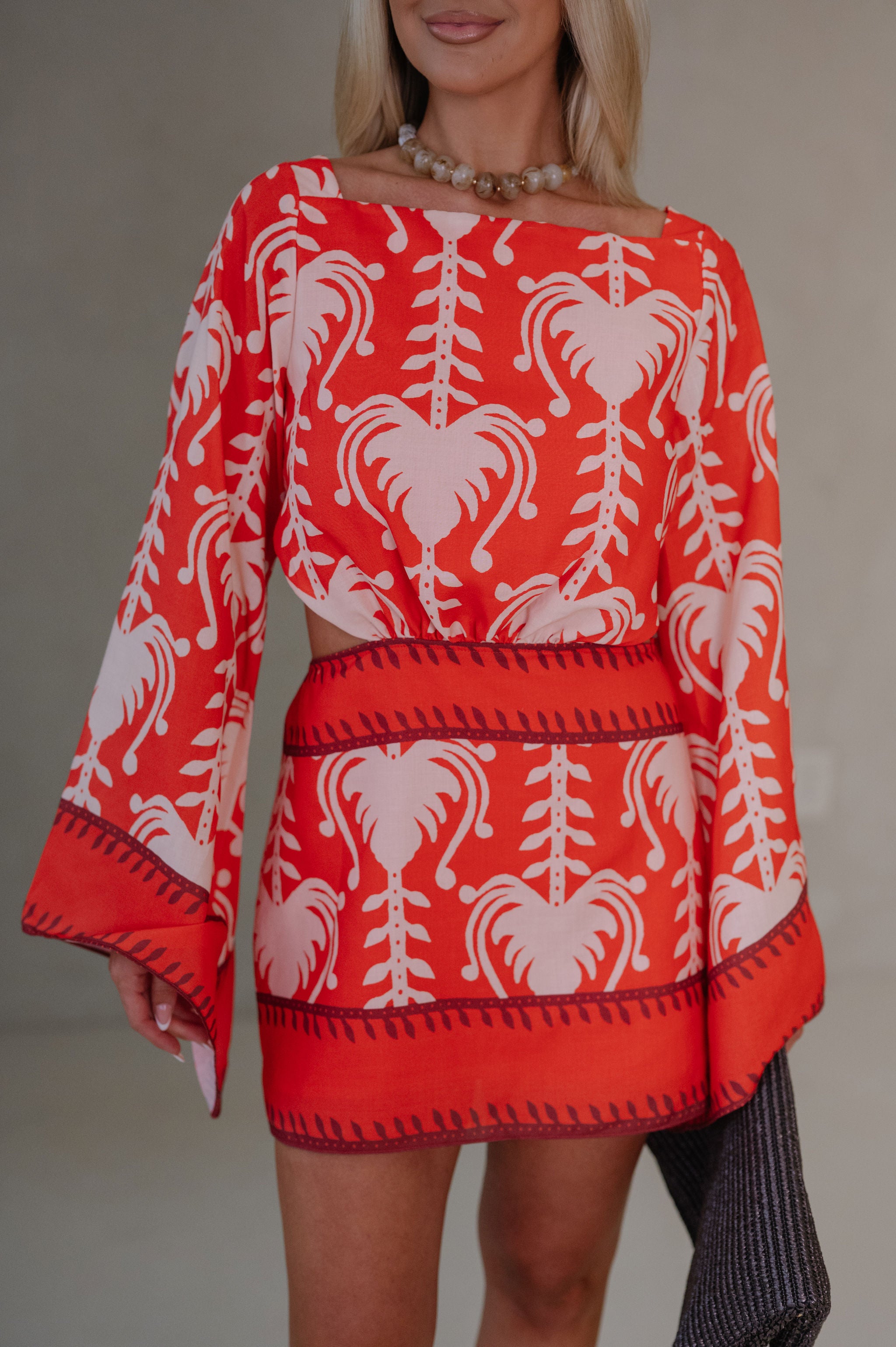 Palm Dolman Sleeve Mini Dress-Orange Red