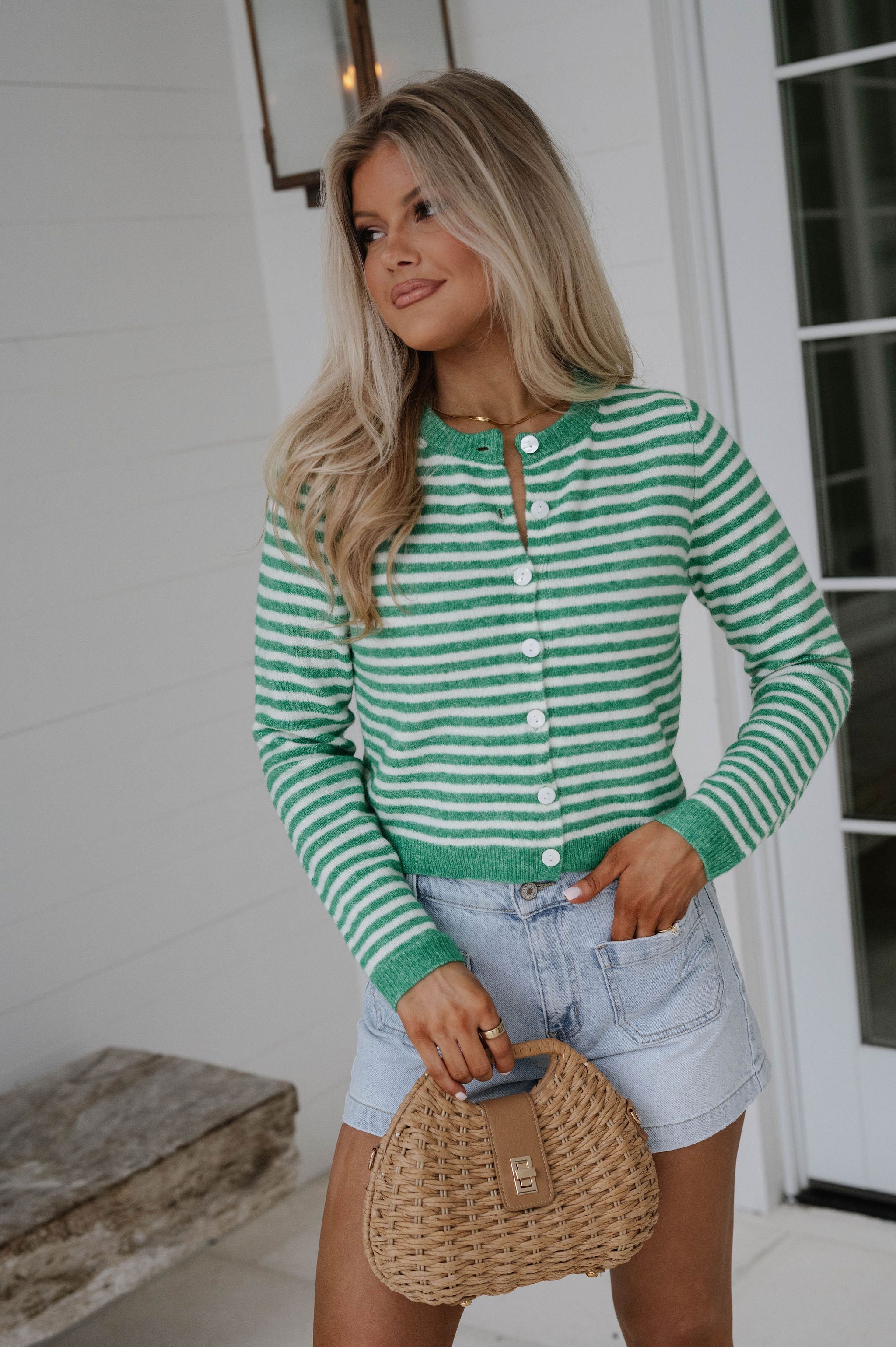 Boston Striped Cardigan-Kelly Green