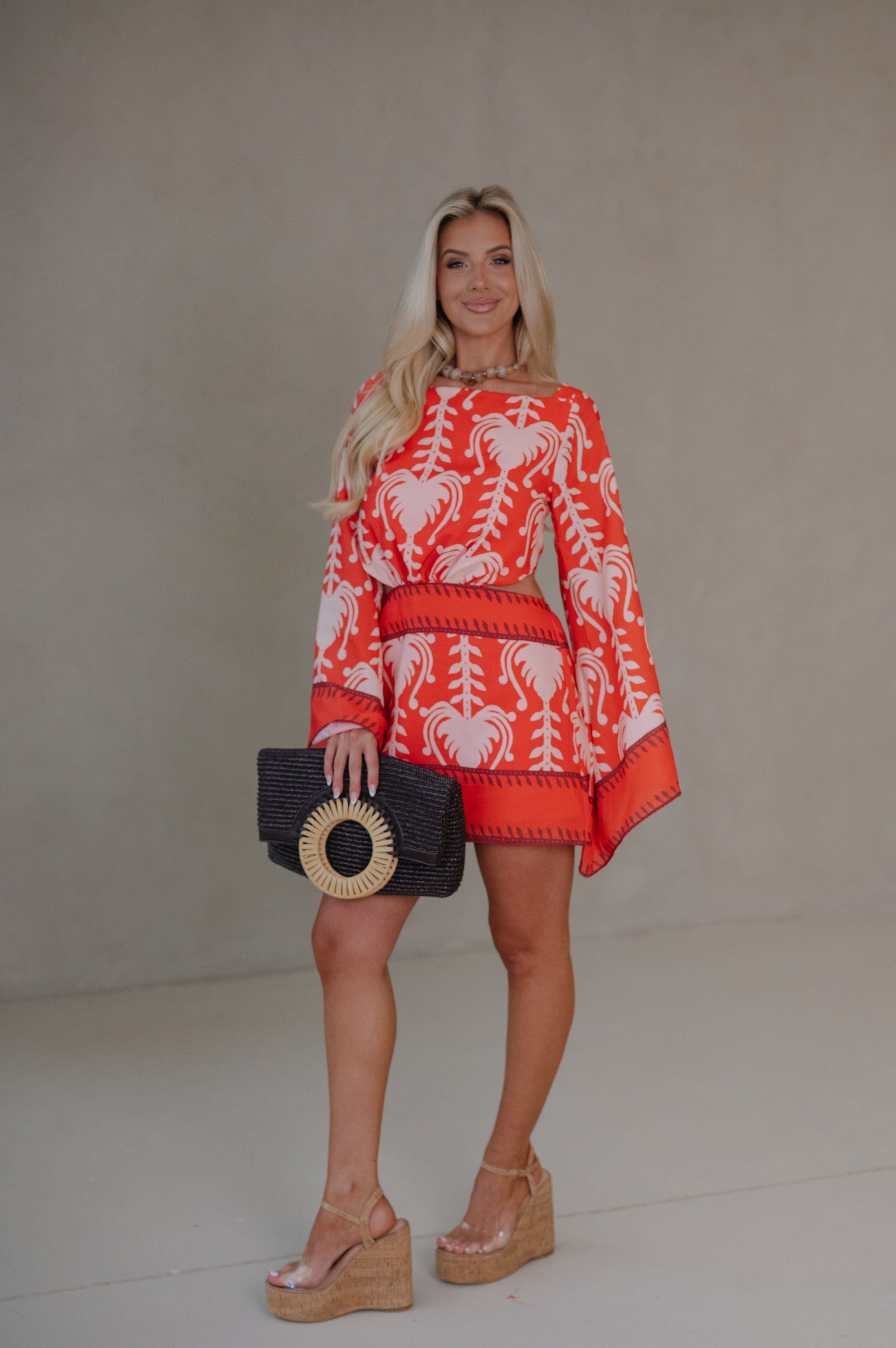 Palm Dolman Sleeve Mini Dress-Orange Red