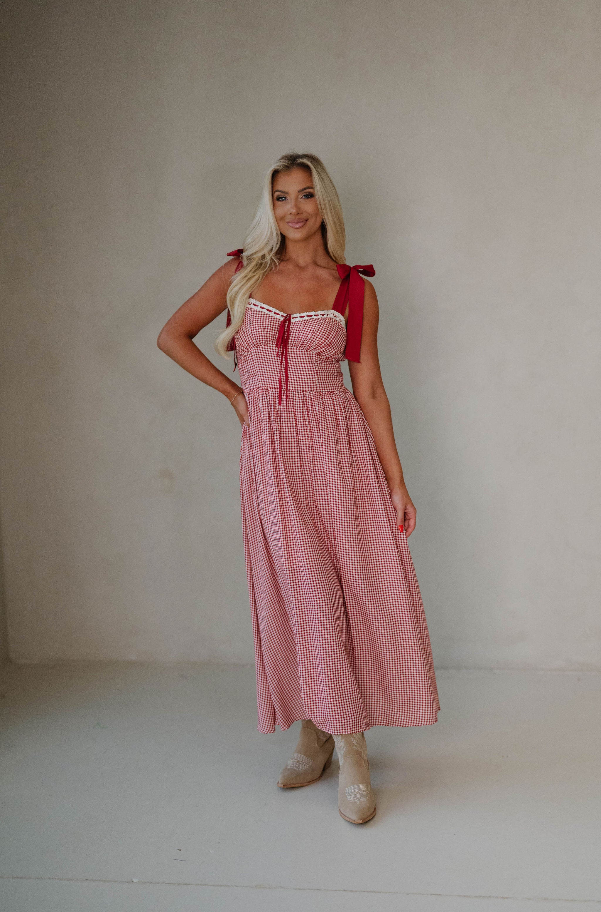 Gingham Ribbon Midi Dress-Red