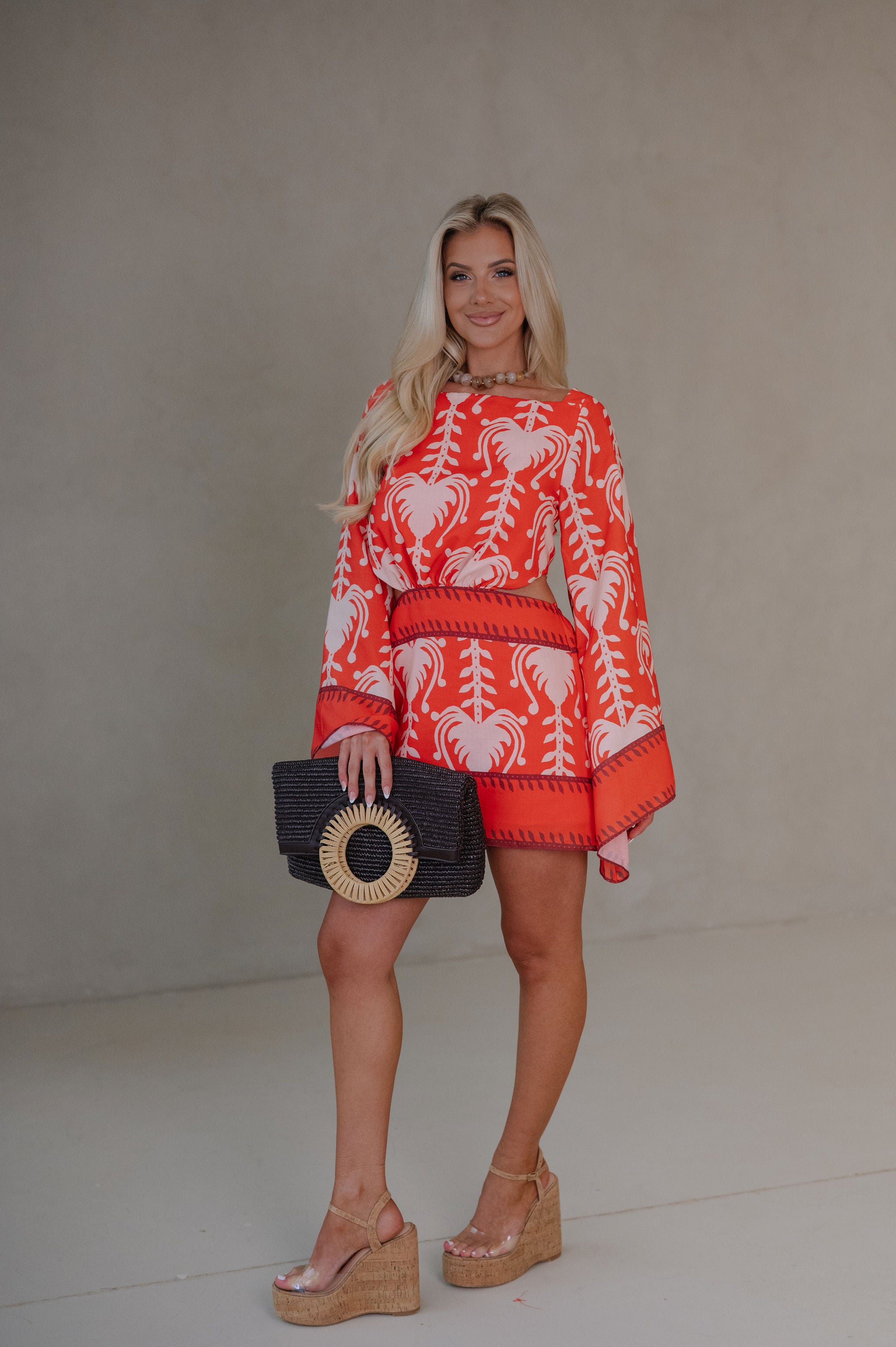 Palm Dolman Sleeve Mini Dress-Orange Red