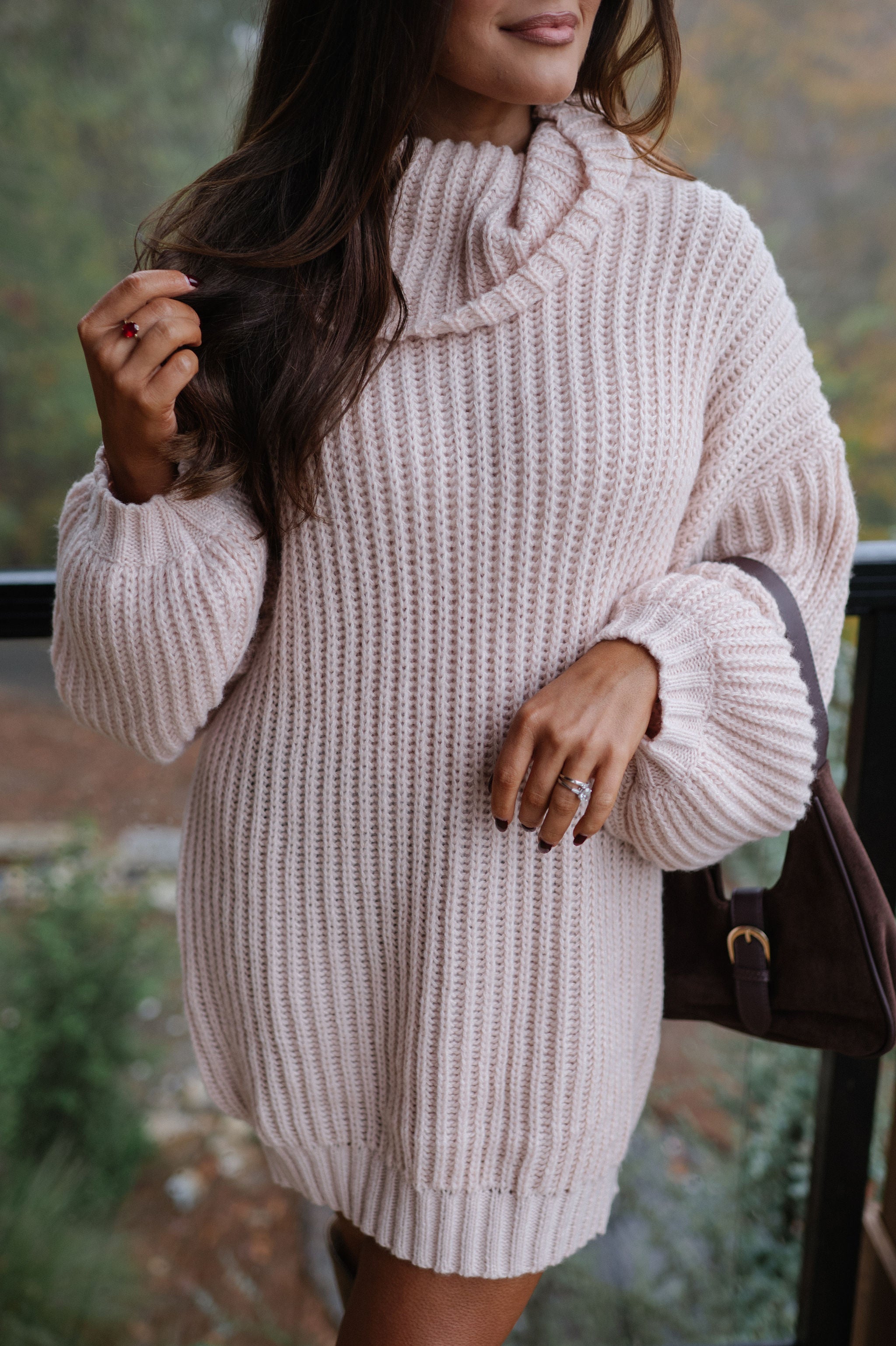Rib Knit Turtle Neck Oversized Sweater-Cream