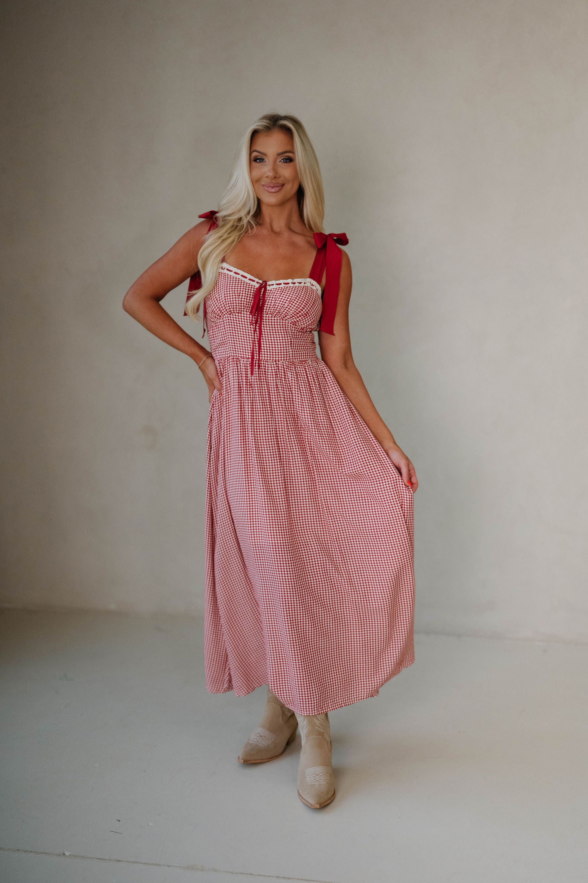 Gingham Ribbon Midi Dress-Red