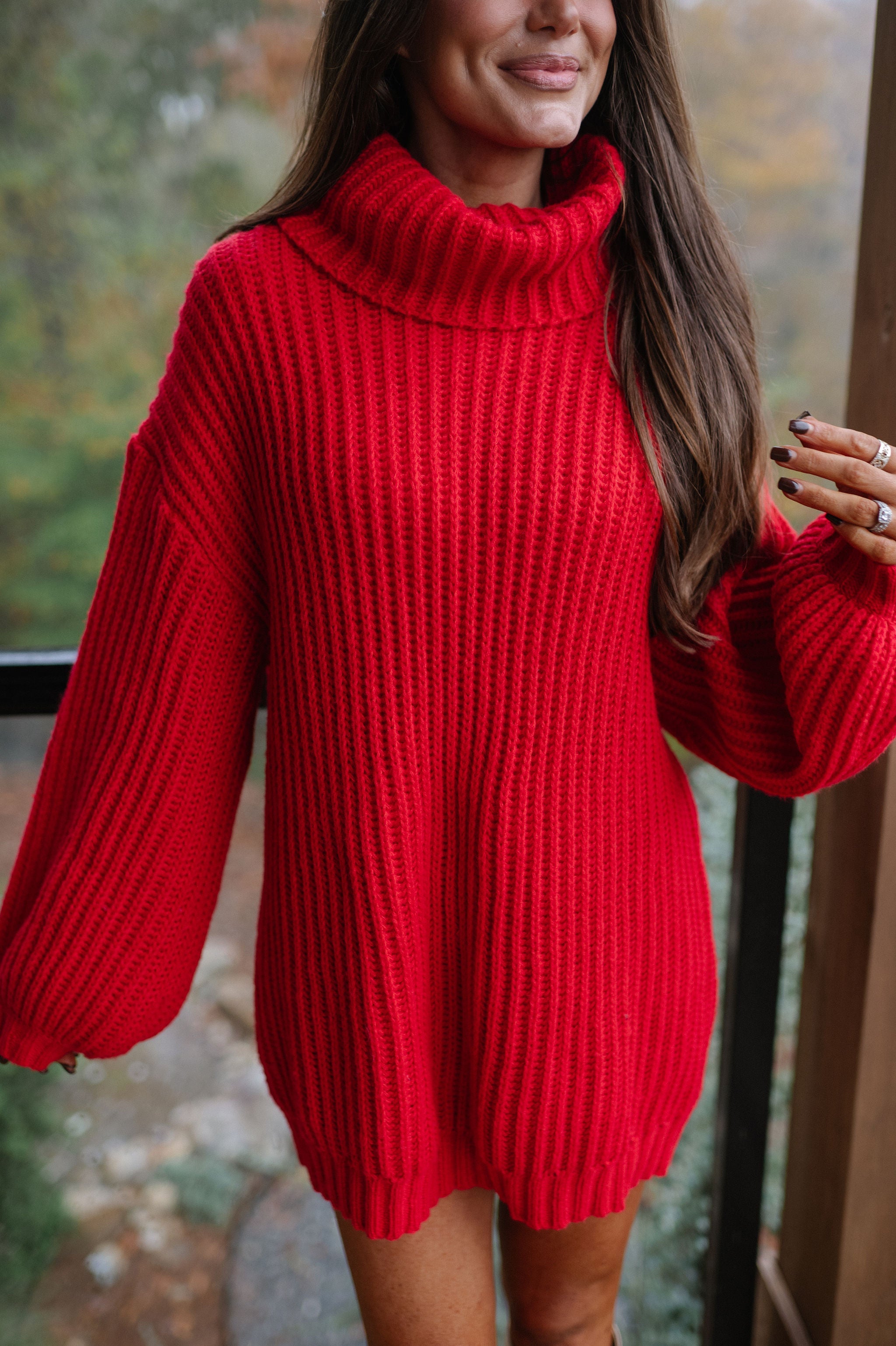 Rib Knit Turtle Neck Oversized Sweater-Ruby Red