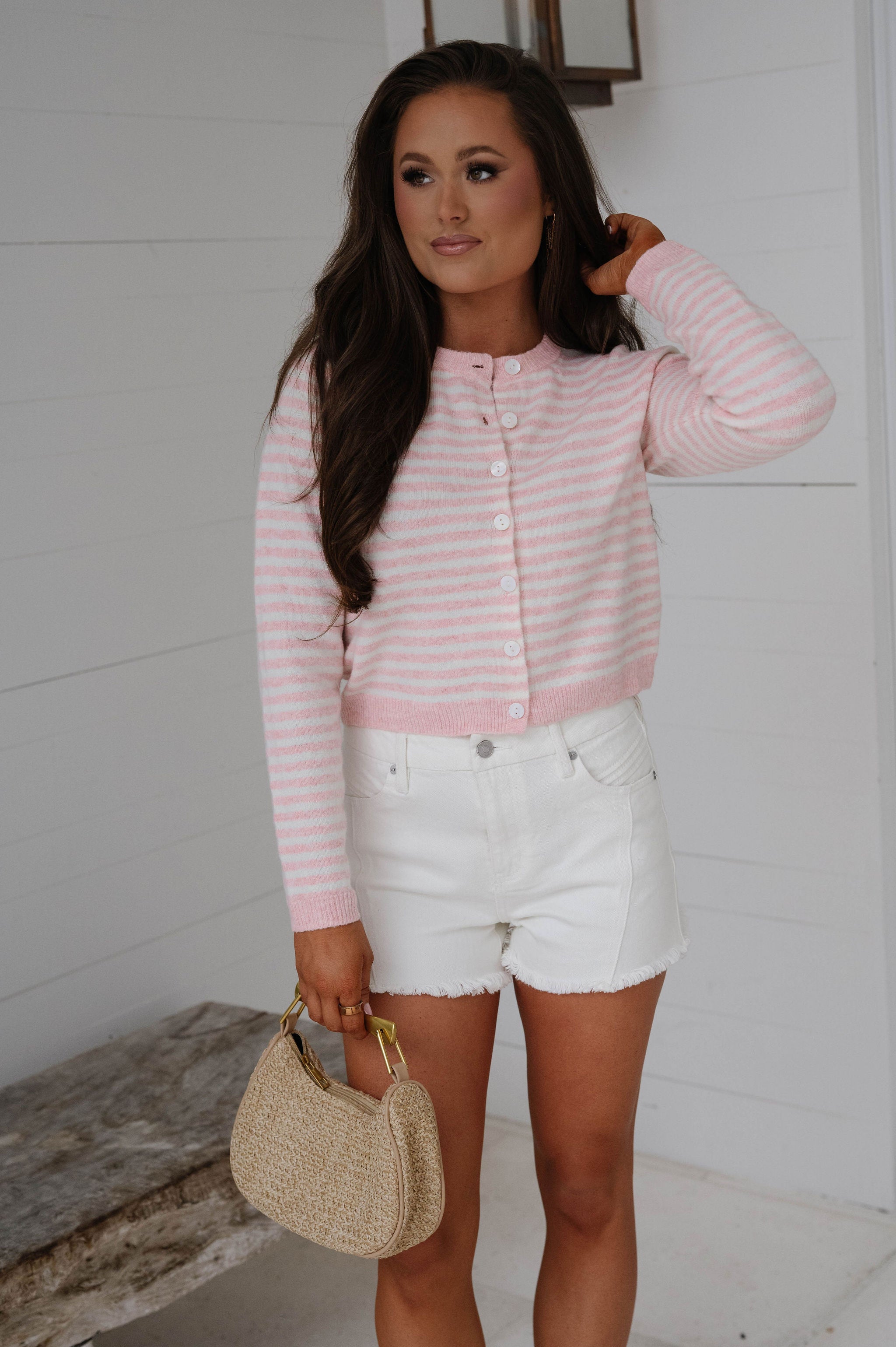 Boston Striped Cardigan-Baby Pink