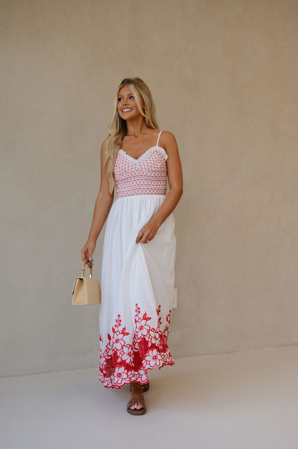 Embroidered Smocked Maxi Dress-Red