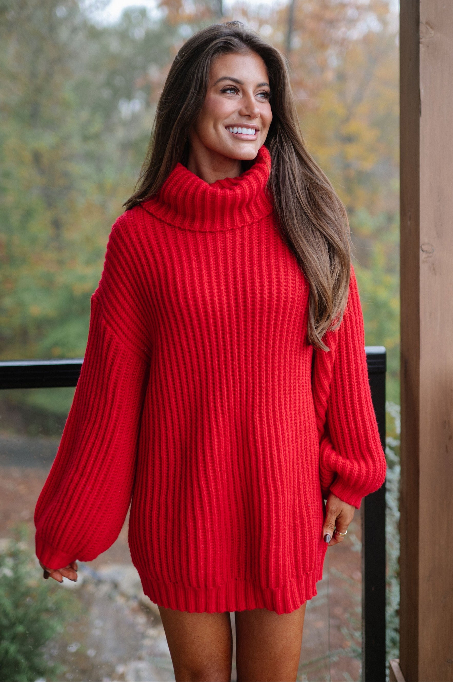Rib Knit Turtle Neck Oversized Sweater-Ruby Red