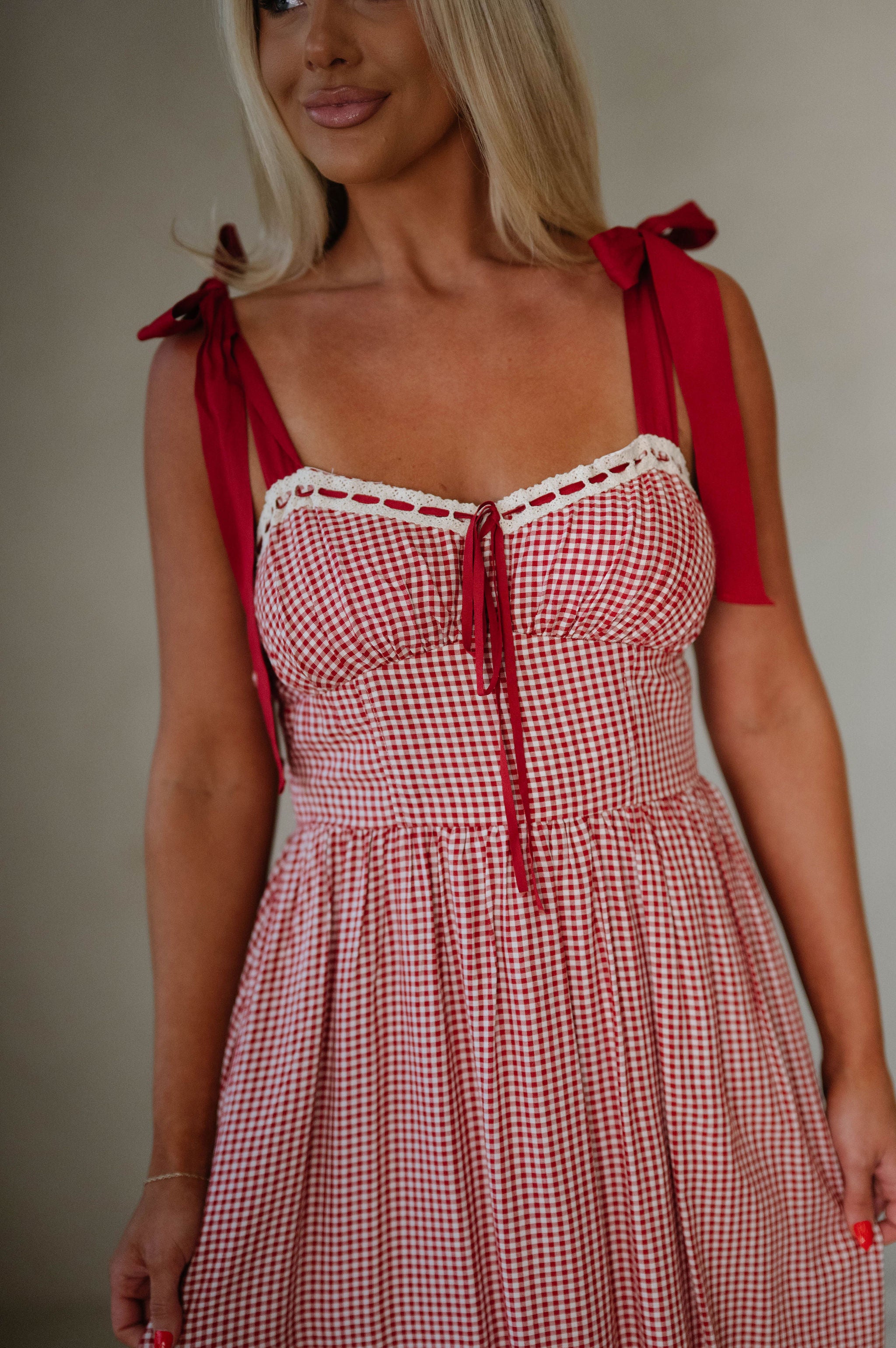 Gingham Ribbon Midi Dress-Red