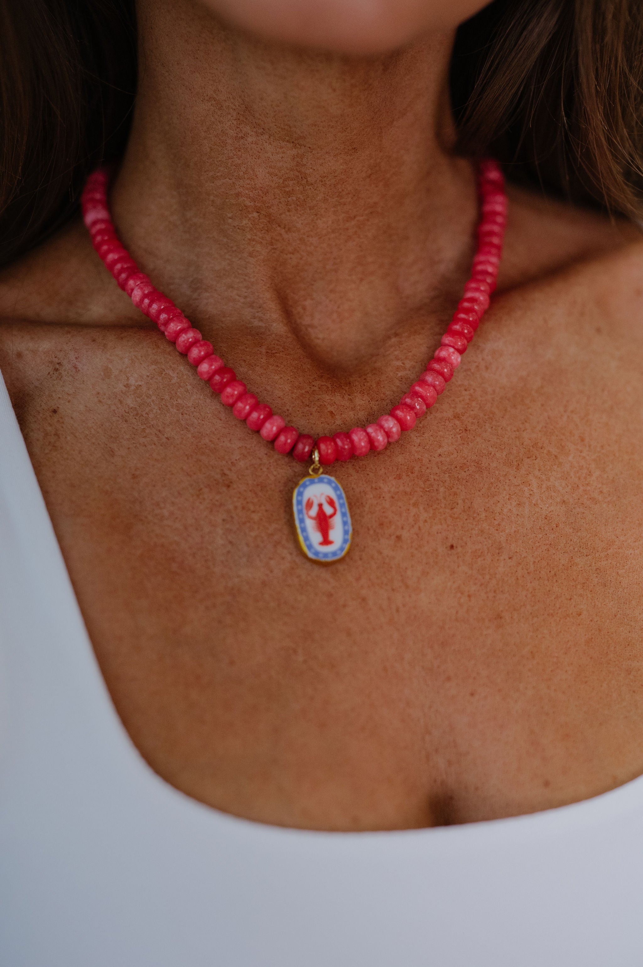 Red Beaded Lobster Pendant Necklace