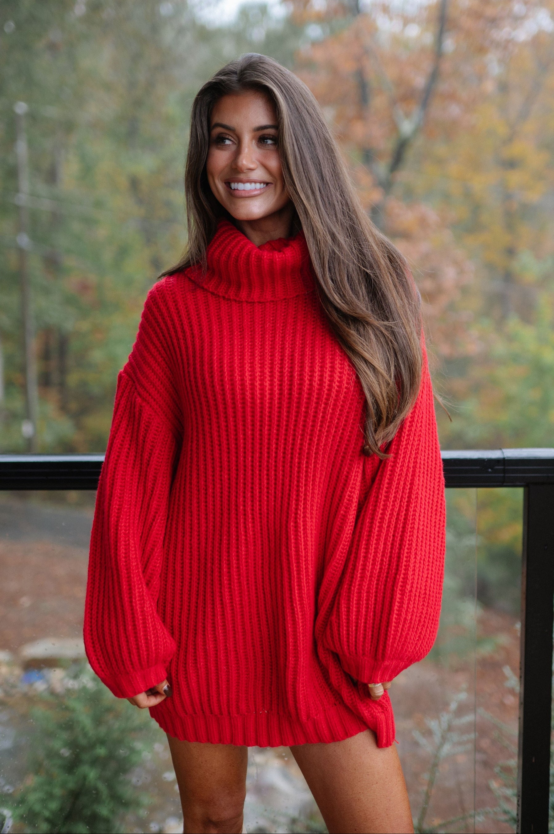Rib Knit Turtle Neck Oversized Sweater-Ruby Red