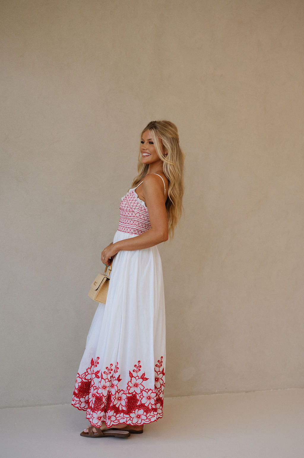 Embroidered Smocked Maxi Dress-Red