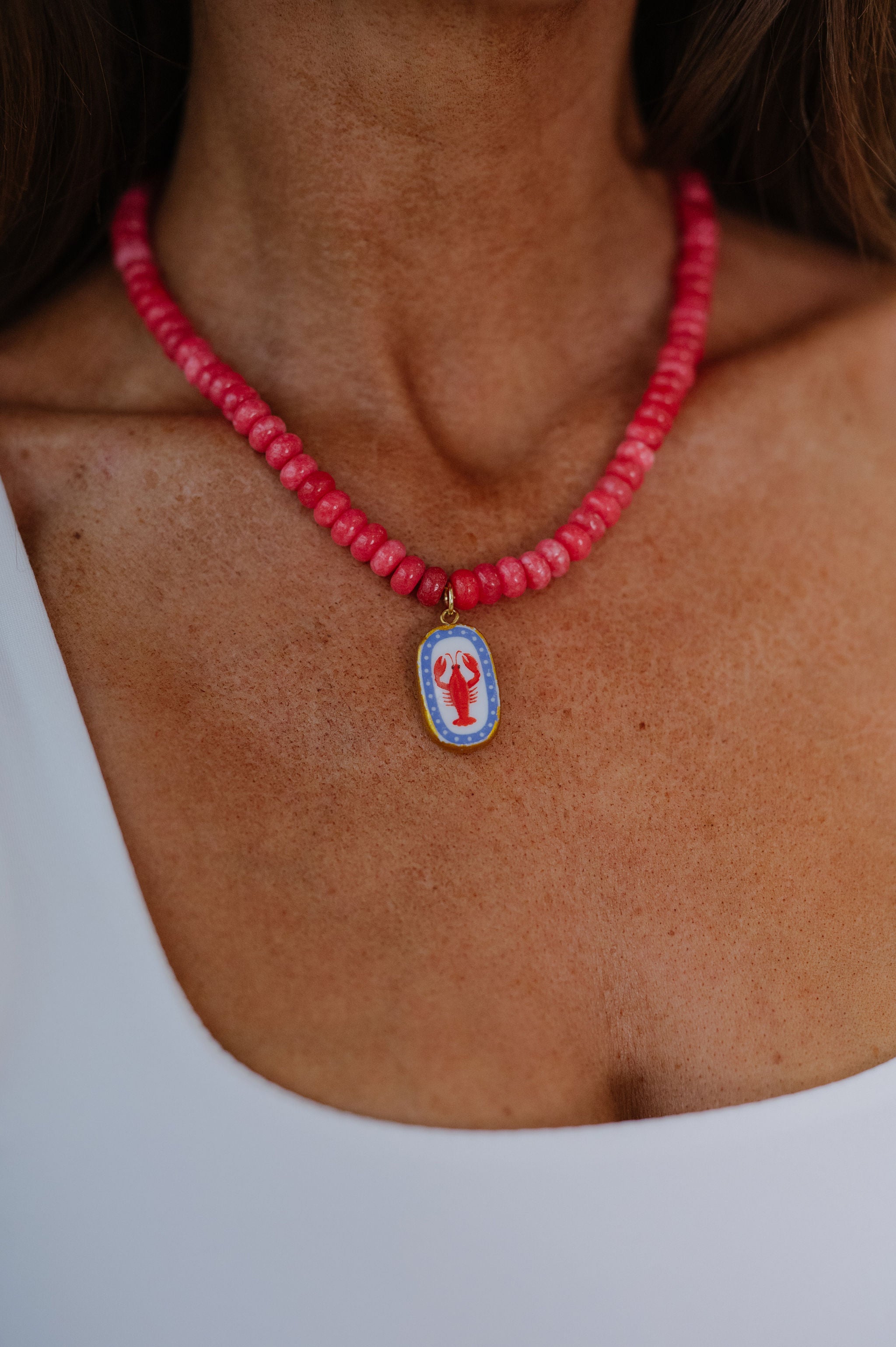 Red Beaded Lobster Pendant Necklace