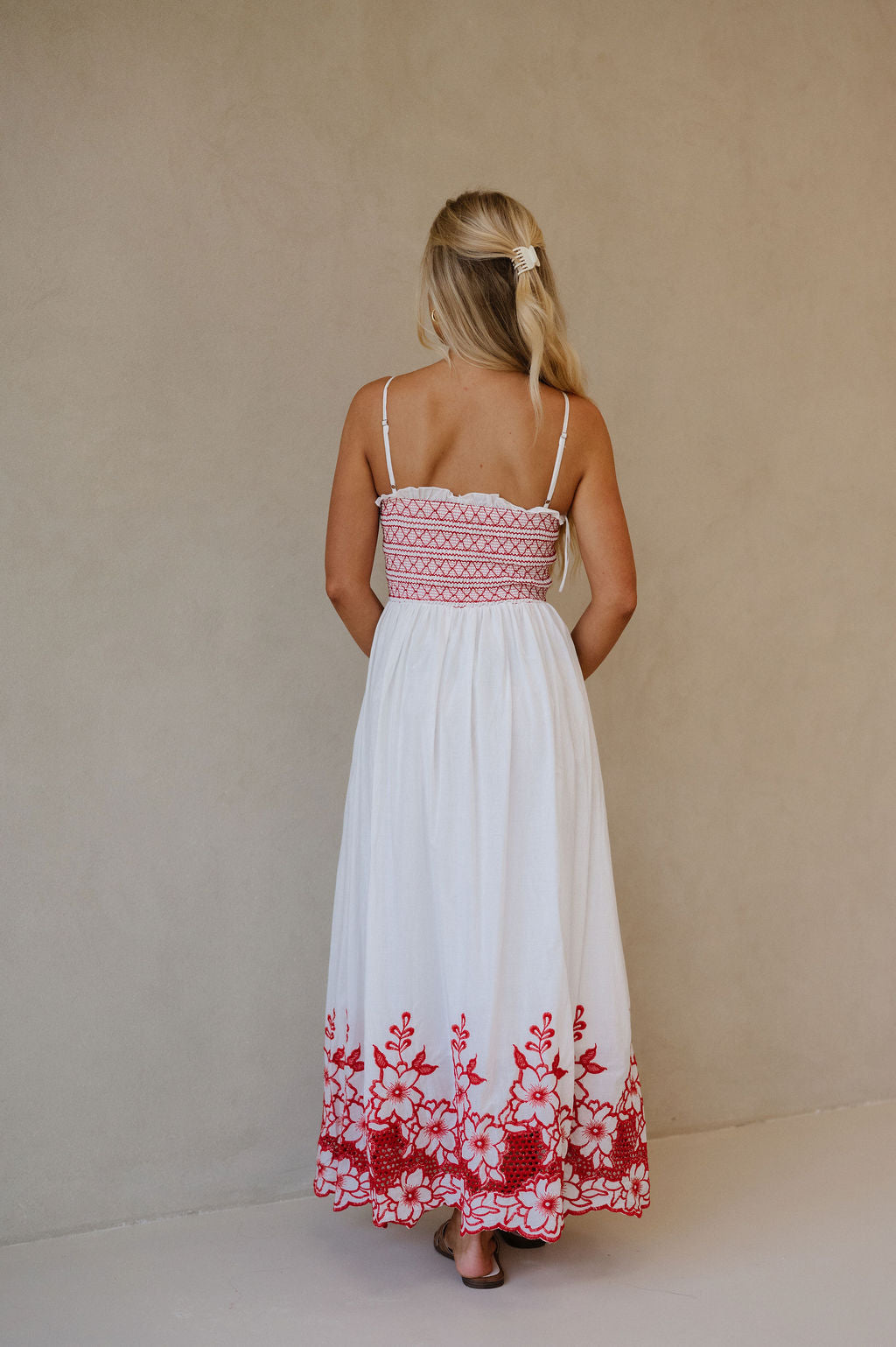 Embroidered Smocked Maxi Dress-Red