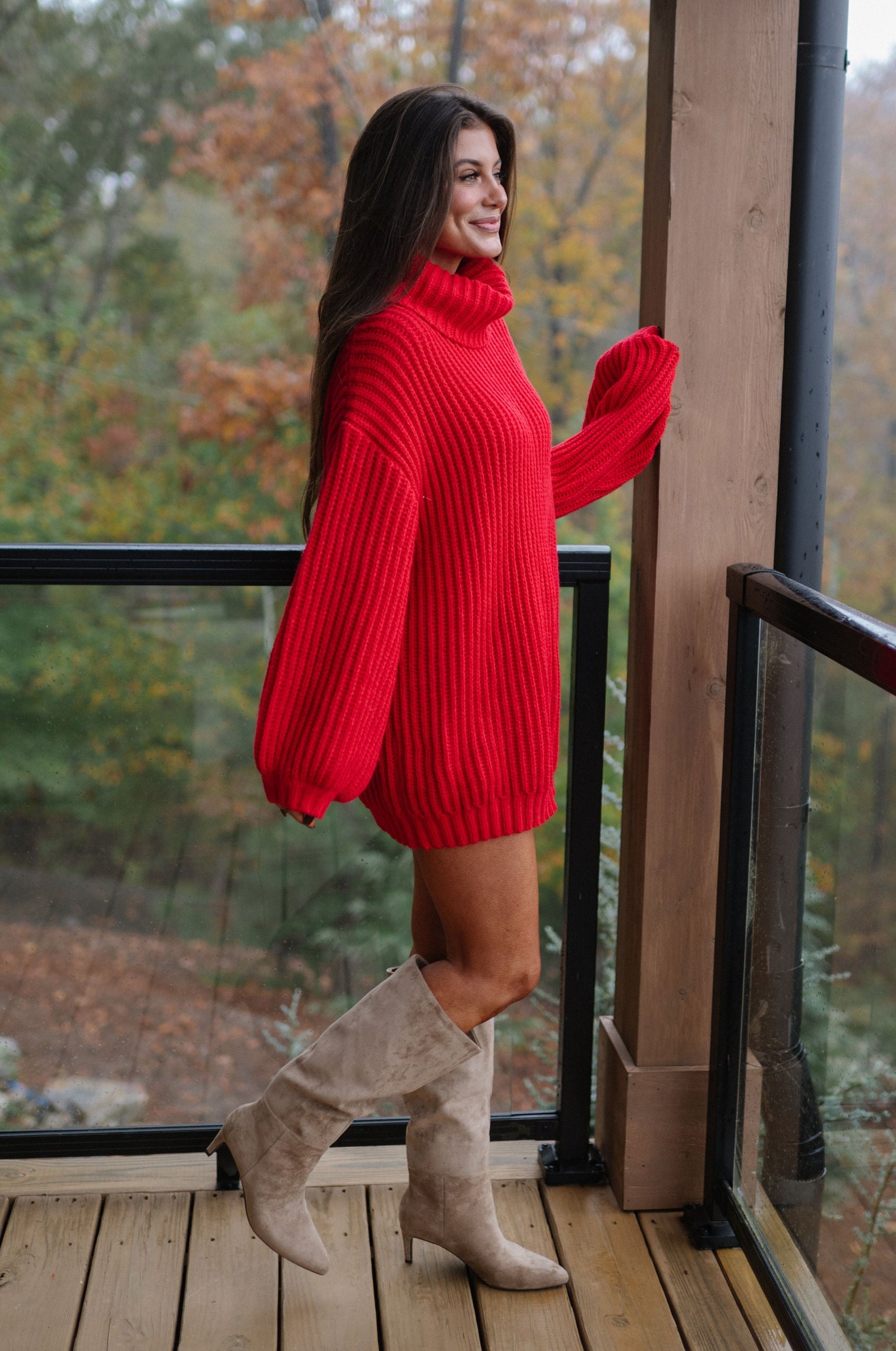 Rib Knit Turtle Neck Oversized Sweater-Ruby Red