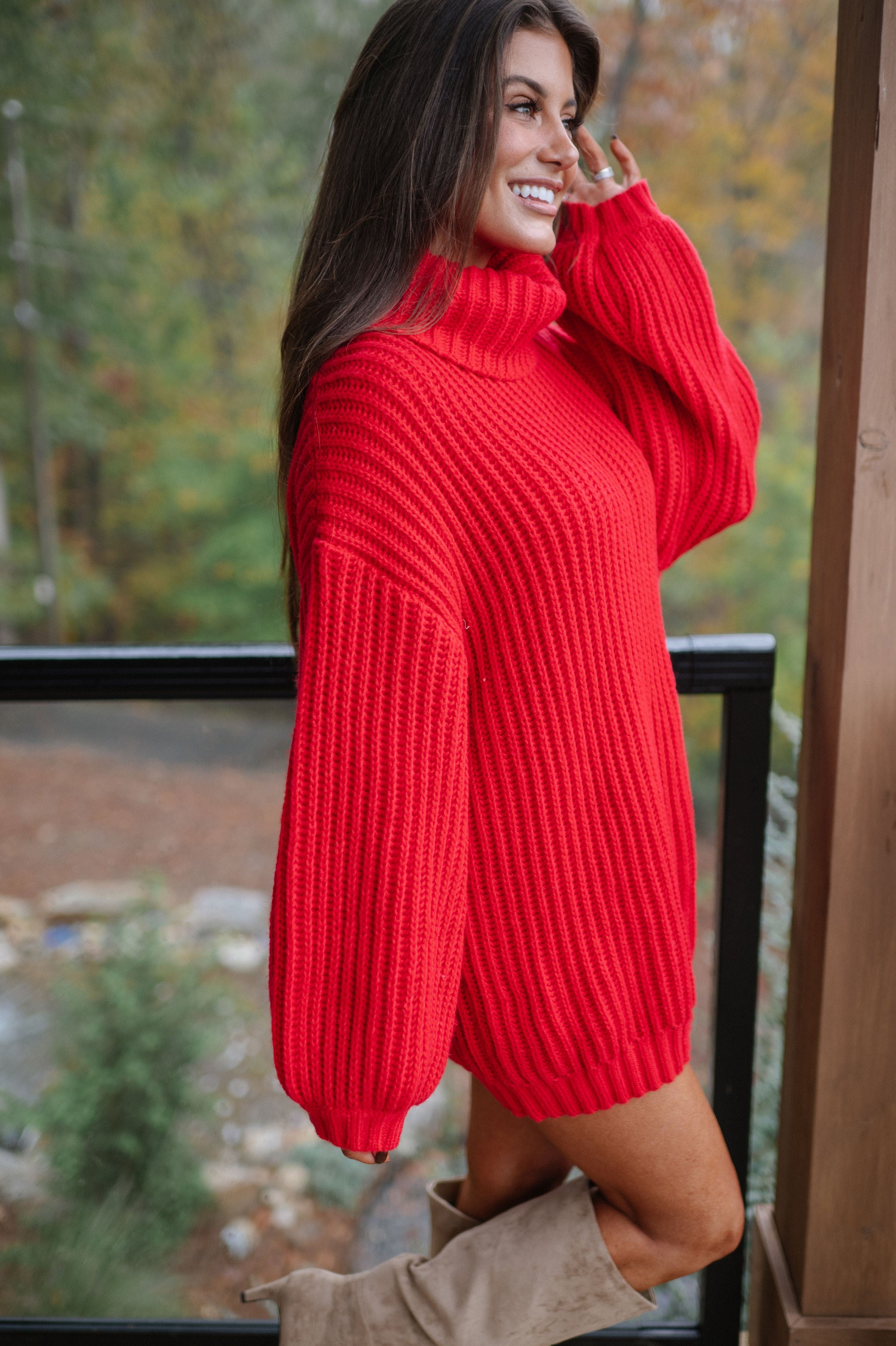 Rib Knit Turtle Neck Oversized Sweater-Ruby Red