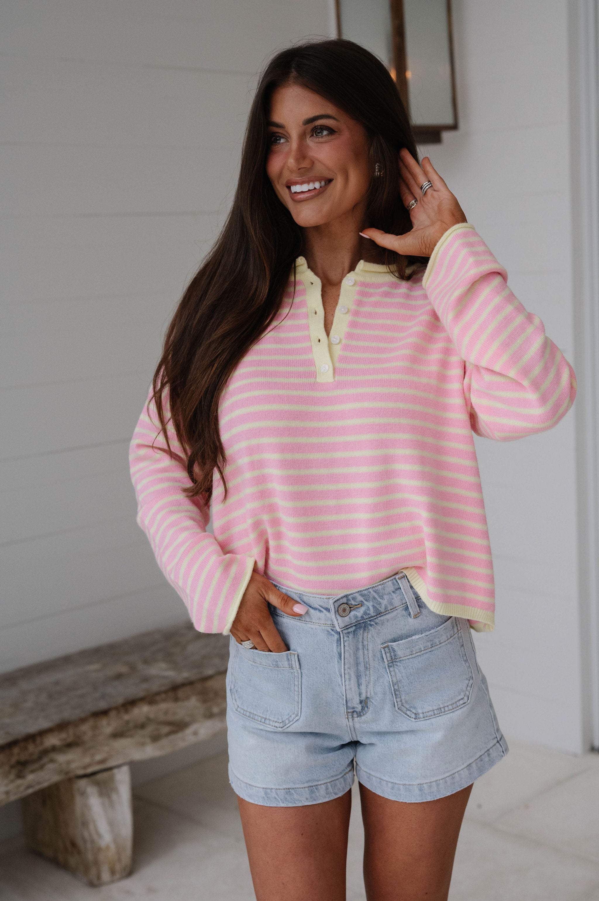 Liz Striped Henley Sweater-Pink/Yellow