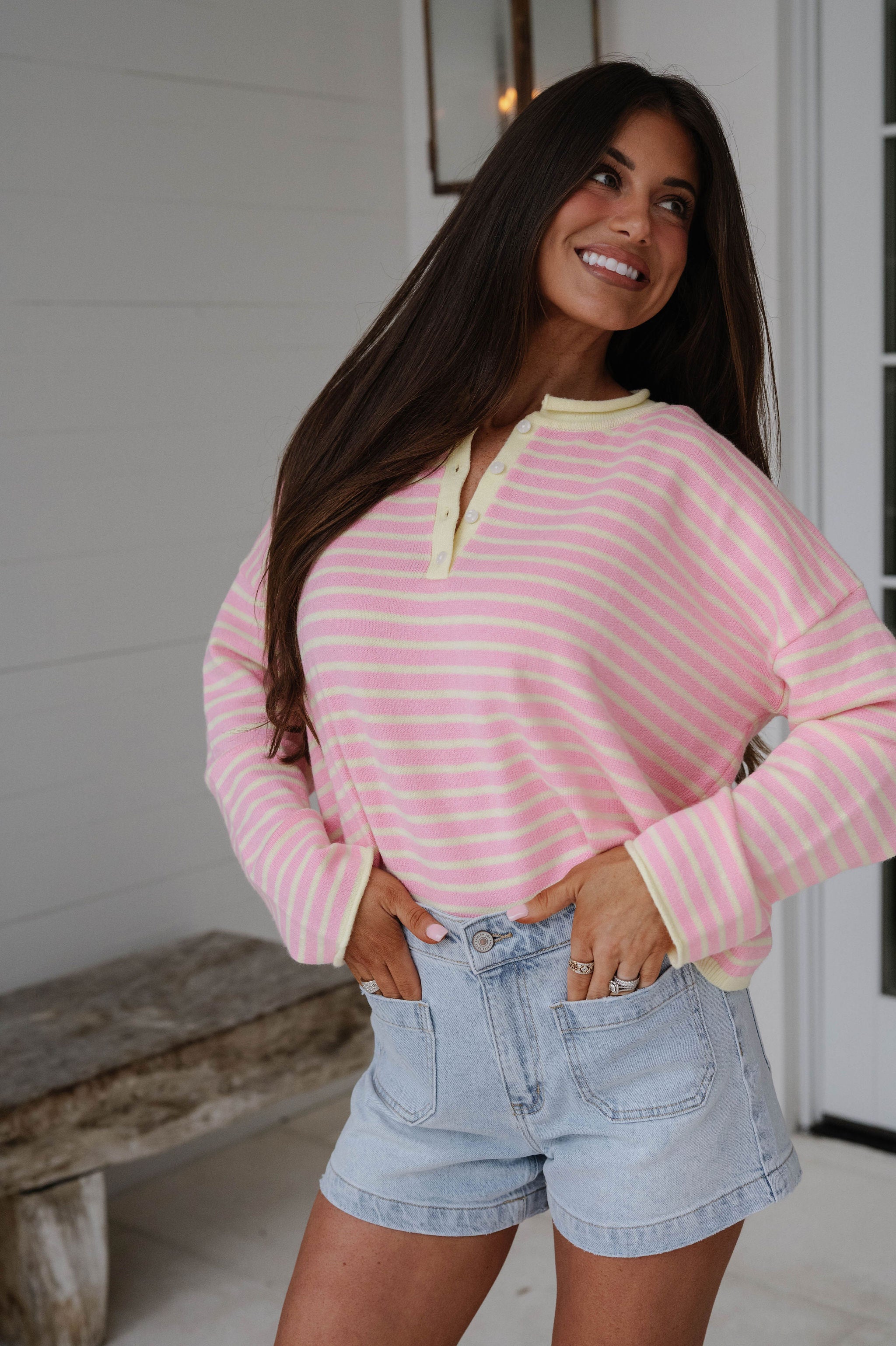 Liz Striped Henley Sweater-Pink/Yellow